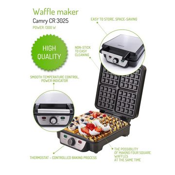 Camry Waffeleisen CR 3025, 1500 Watt, Waffelmaker XXL, für 4 Waffeln gleichzeitig