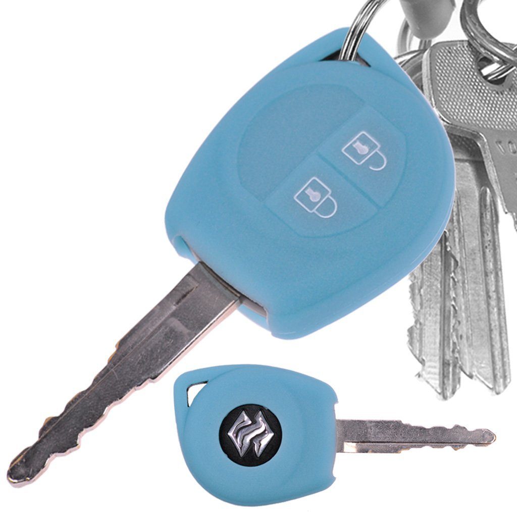mt-key Schlüsseltasche Autoschlüssel Softcase Silikon Schutzhülle fluoreszierend Blau, für OPEL Agila B Nissan Pixo Suzuki Alto SX4 Swift Splash 2 Tasten