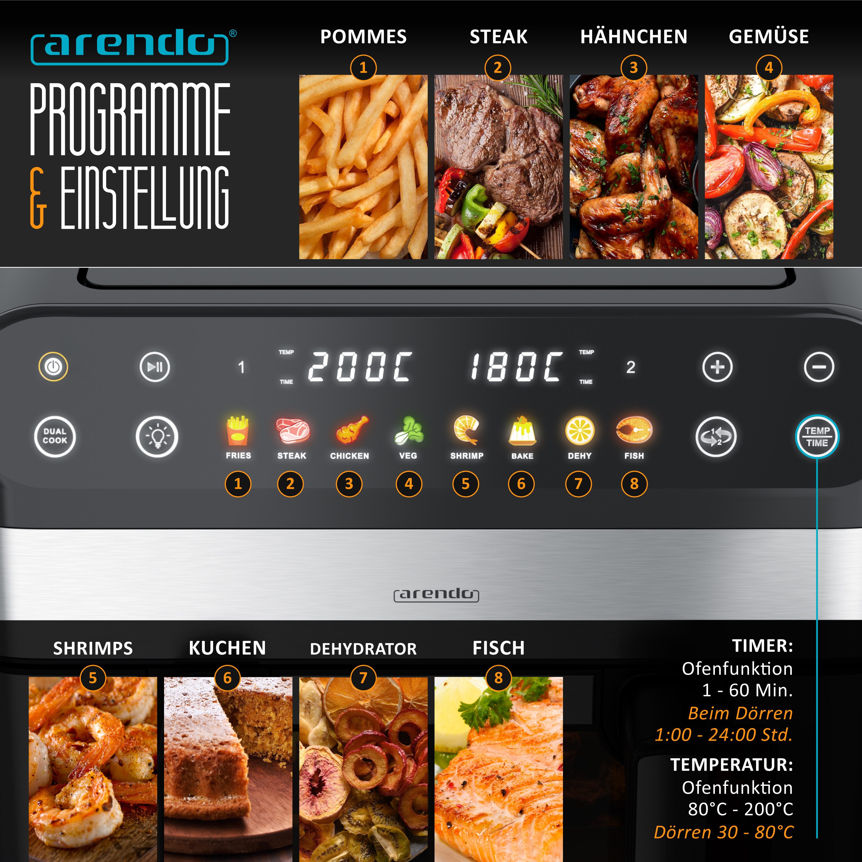 Arendo Heißluftfritteuse Airfryer XXL mit beleuchtetem Sichtfenster, Pre Heat & Turn-Food, 2400 W, mit Zubehör, Umluft Backofen, Sichtfenster Grill, Dörrautomat