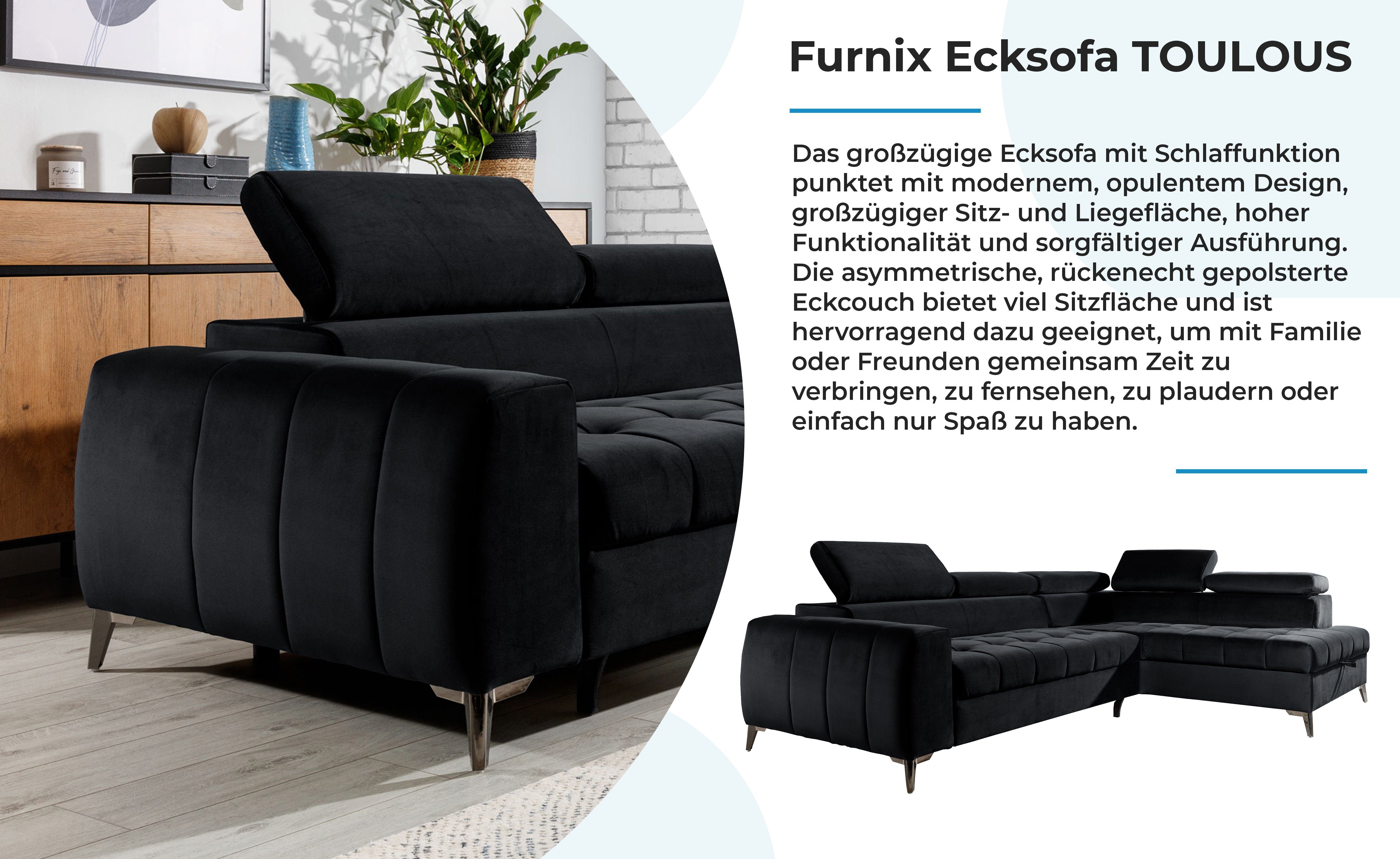 Furnix Ecksofa TOULOUS Maße: Verarbeitung x mit Schwarz DL H95 Schlaffunktion Automat hochwertige B275 Auswahl, Sofa B200 x cm