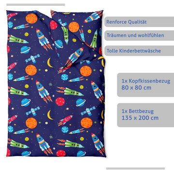 Kinderbettwäsche Astronauten Bettwäsche 135x200 2tlg. - 100% Baumwolle - Raketen Kinderbettwäsche für Jungen - Renforce Bettwäsche-Set, LINKHOFF, Atmungsaktiv, Bügelfrei, Mit Reißverschluss