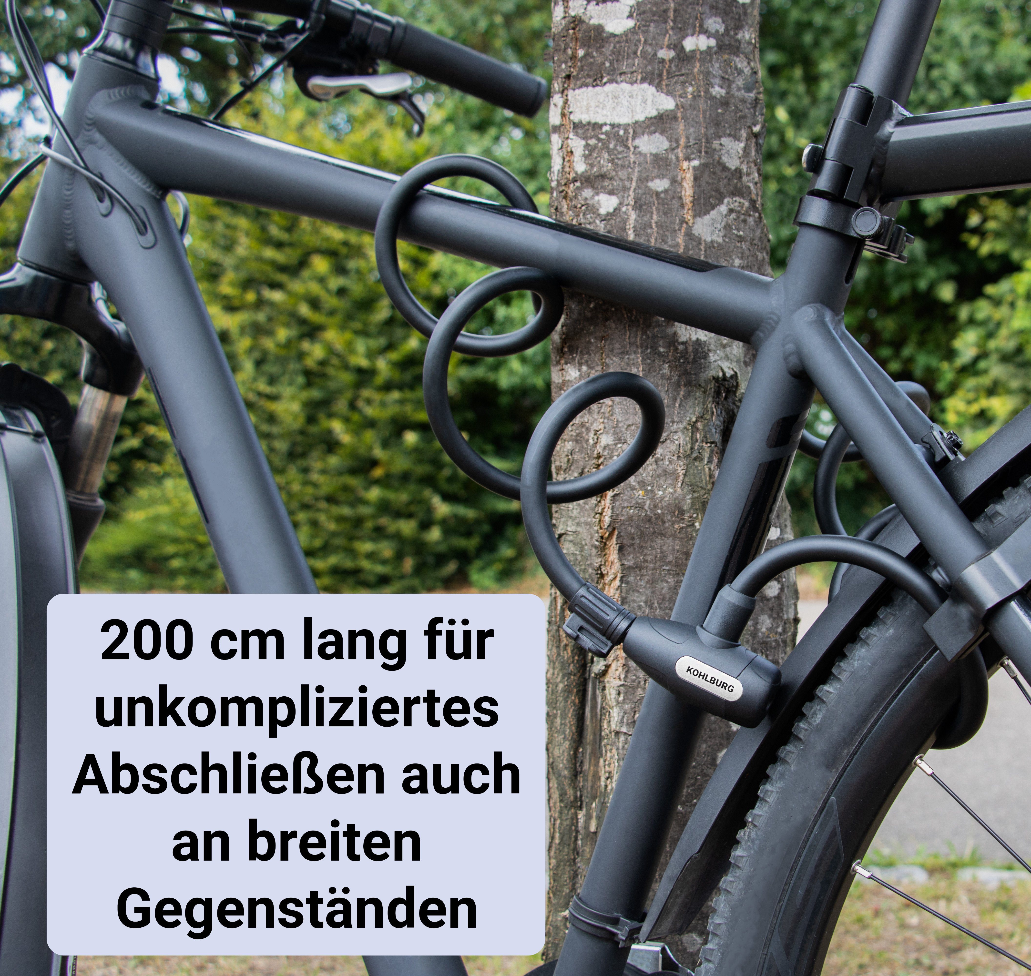 KOHLBURG Kabelschloss 200 cm lang mit Halterung - einfach ohne Schlüssel abschließbar, einfache Zuklick-Technologie, 3 Schlüssel, für Fahrrad & Kinderwagen