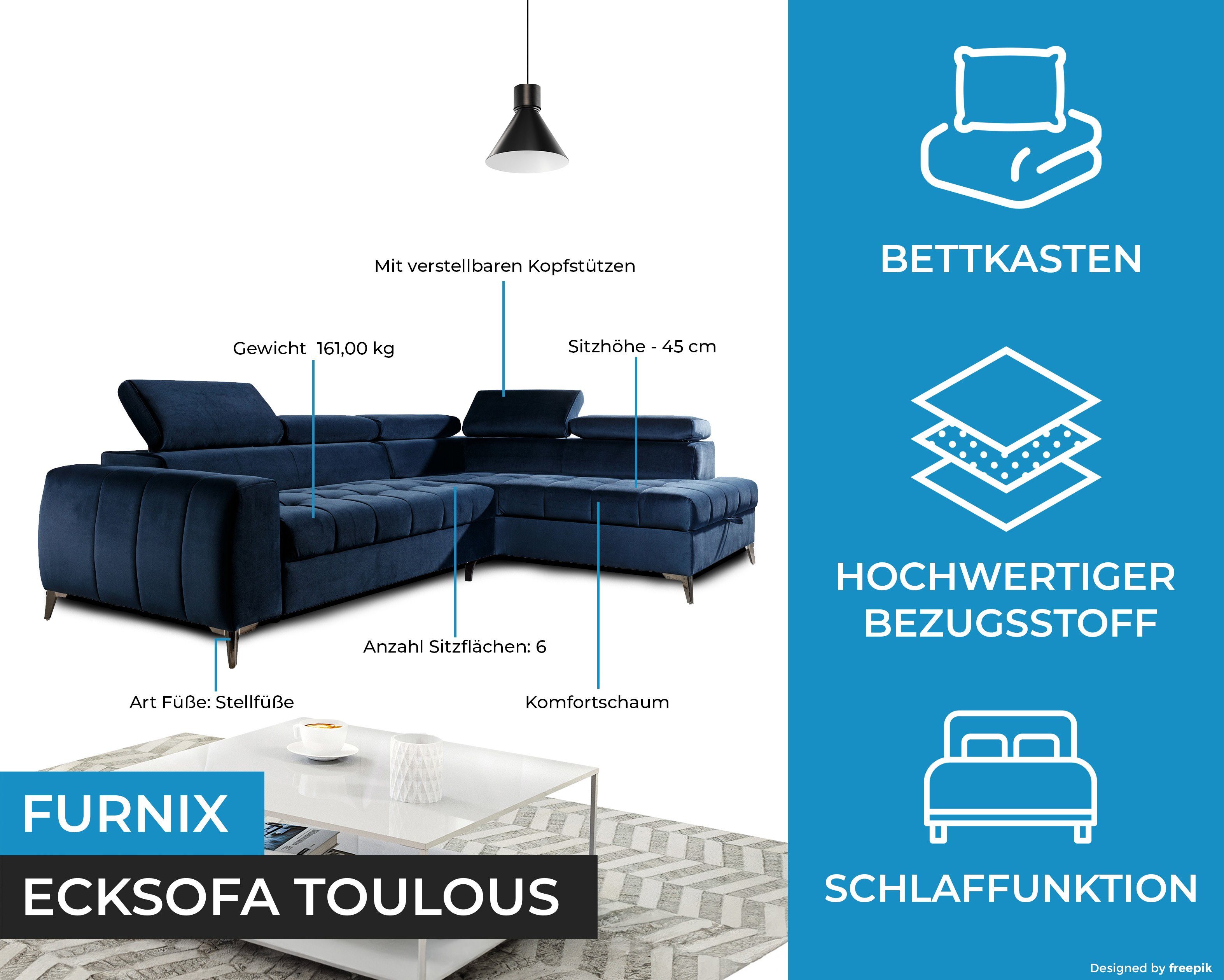Sofa TOULOUS Automat H95 B275 Dunkelblau B200 Ecksofa x x Auswahl, Schlaffunktion mit Furnix cm hochwertige DL Maße: Verarbeitung