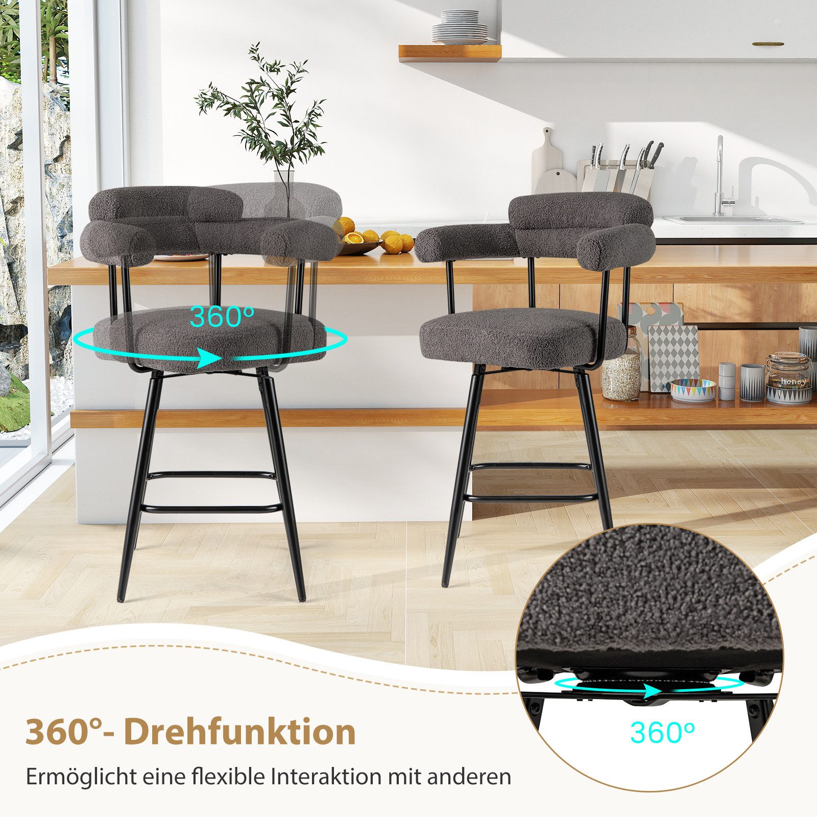 COSTWAY Barhocker (2er Set), gepolstert Barstühle mit Rücken & Fußstütze, drehbar