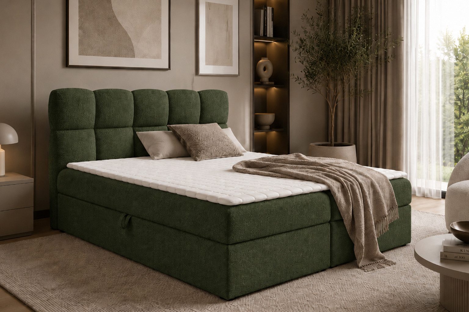 Kaiser Möbel Boxspringbett,Bonellfederkernmatratze und Topper im Bouclé-Stoff Coral, NEGROS (Komplettbett, Boxspringbett inkl. Bonellfederkernmatratze und Topper), Inklusive Bonellfederkernmatratze,Zwei integrierte Bettkästen
