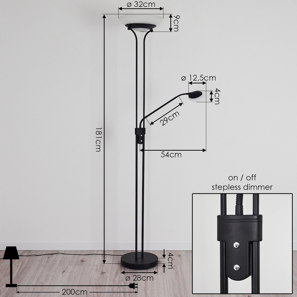 dimmbar, Stehlampe Lesearm 3000 stufenlos 3150 Kelvin, An-/Ausschalter, Metall Bodenlampe LED mit Lumen, hofstein aus schwarz, Stehleuchte in »Baceno«