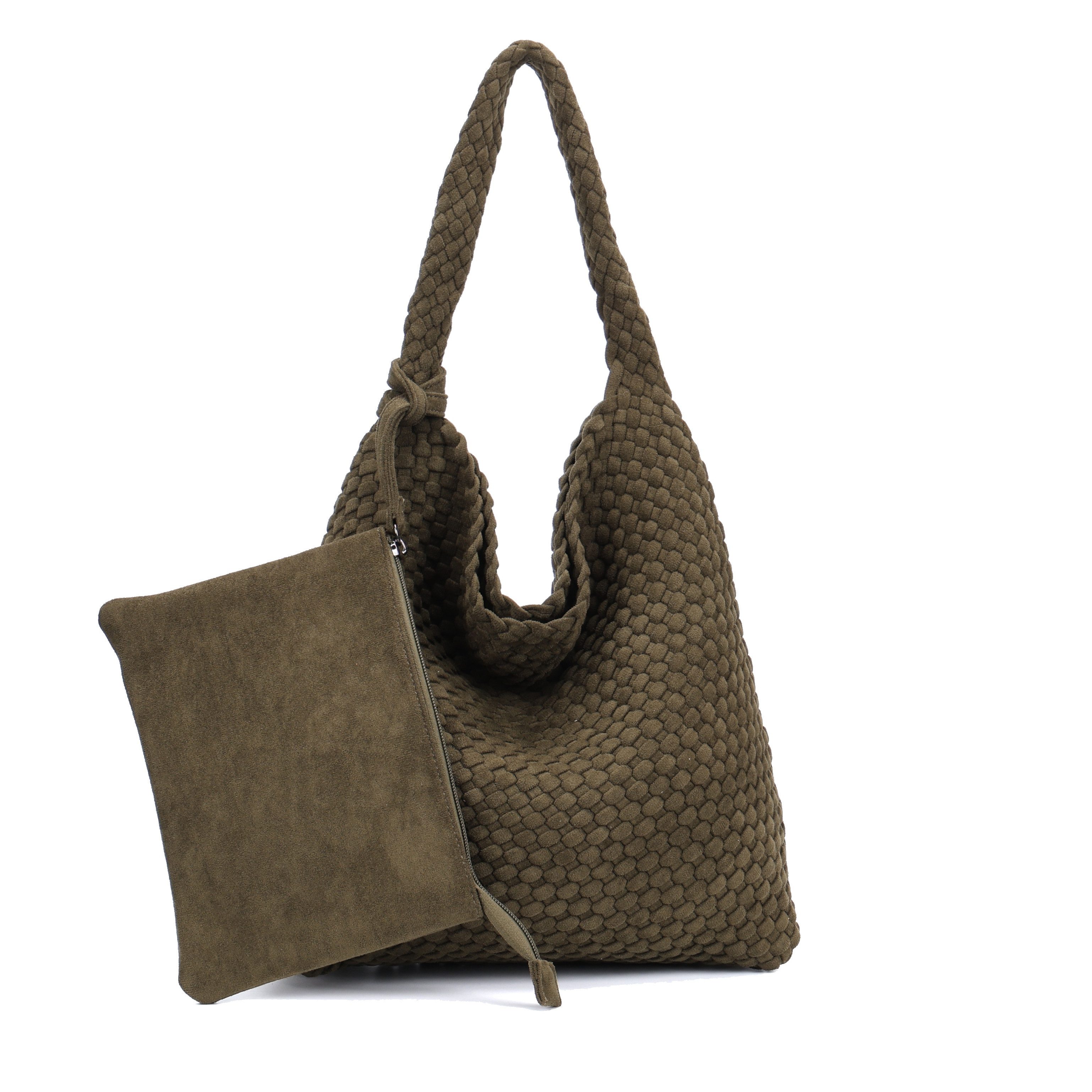 MIRROSI Shopper Damen Schultertasche Handgeflochten Wildleder-Optik (ca.36x14x31cm), große Hobo Bag mit Innentasche