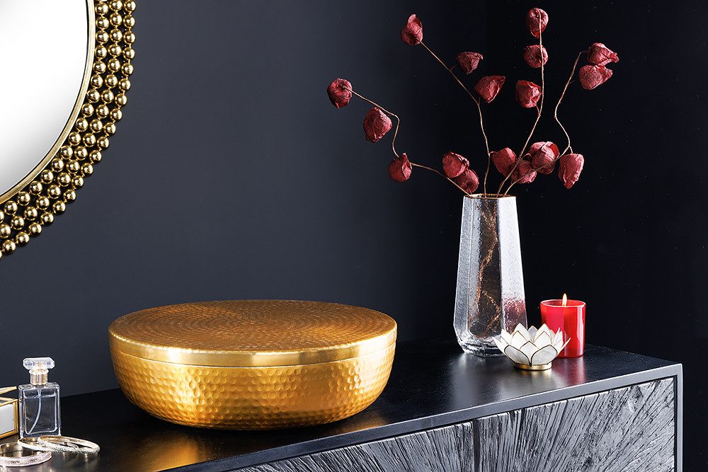 riess-ambiente Dekoschale ORIENT Ø40cm gold · Schmuck-Dose mit Deckel aus Aluminium (Einzelartikel, 1 St), rund · Hammerschlag-Design · handmade · Esszimmer · Wohnzimmer