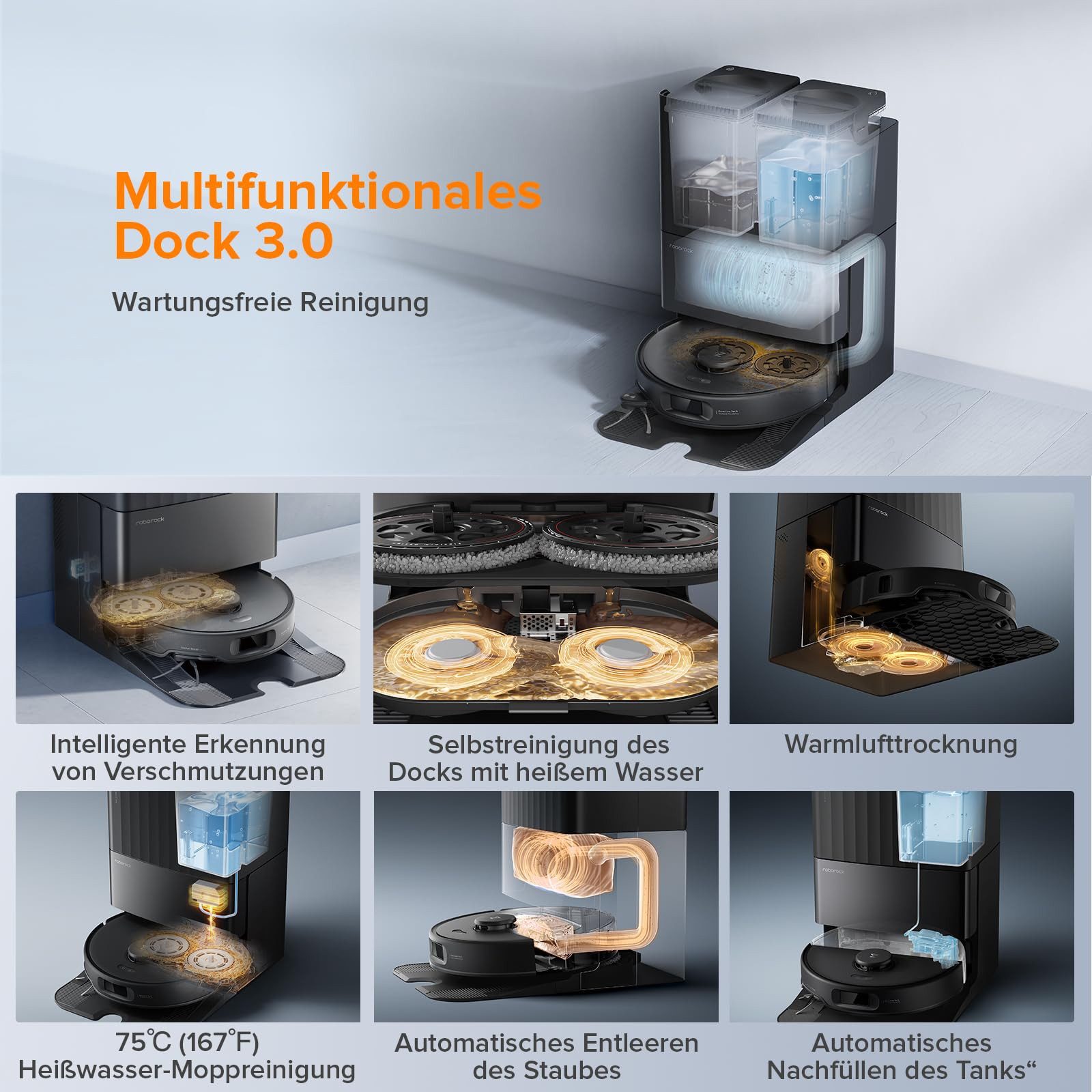 Roborock Saugroboter Qrevo Edge S5A, 18500Pa (Upgrade von S8 Pro Ultra), 66 W, mit Wischfunktion,Dual Anti-Tangle-System, 18500Pa, Dual Anti-Tangle-System, 75℃ Heißwasser-Moppwäsche schwarz