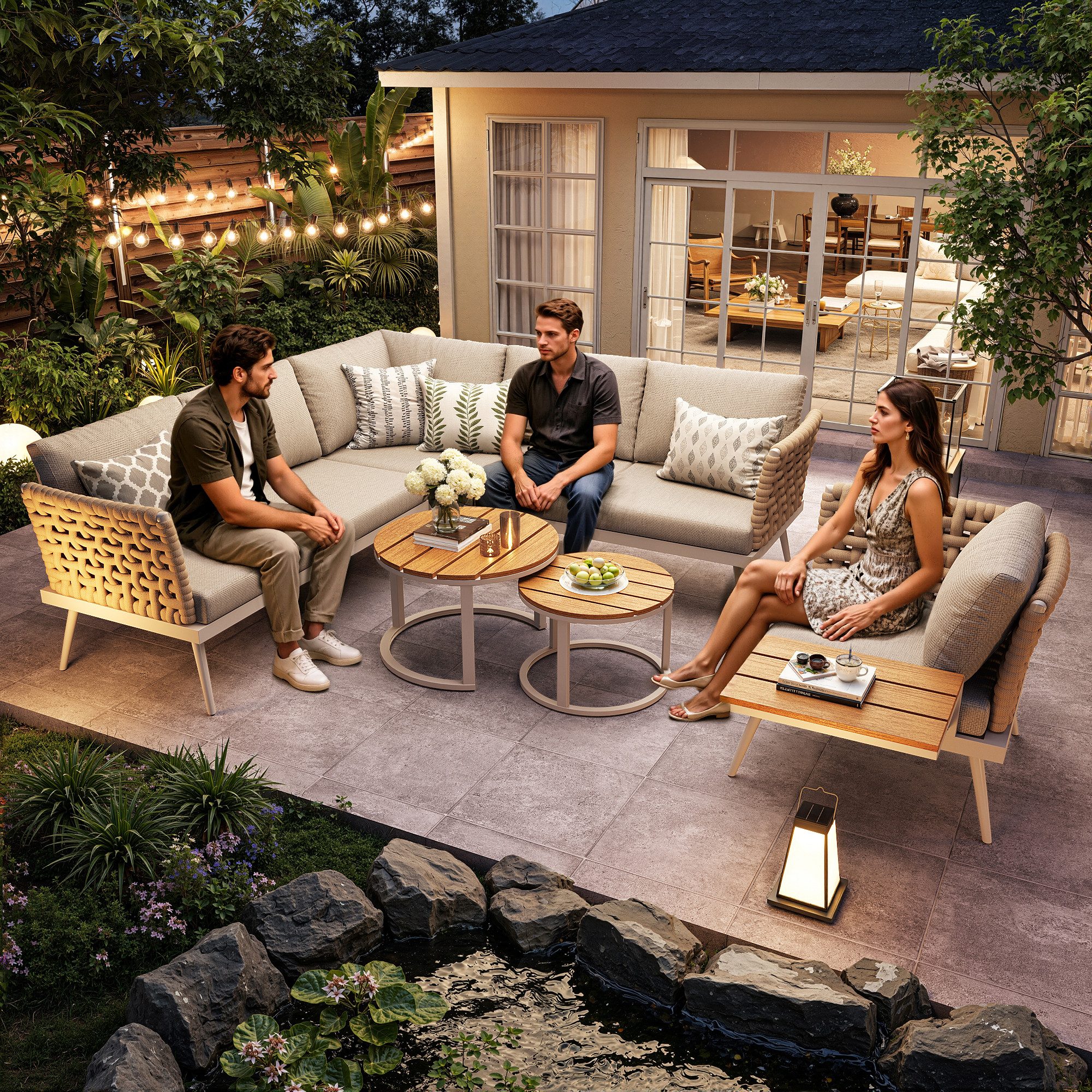 i@home Gartenlounge-Set L-förmiges Modulares Outdoor-Sofa -Set mit Tischen, (mit austauschbaren Armlehnen, runden Tischen und abnehmbaren Kissen, 5-tlg), Wetterfestes Terrassenmöbel für Garten, Balkon & Pool