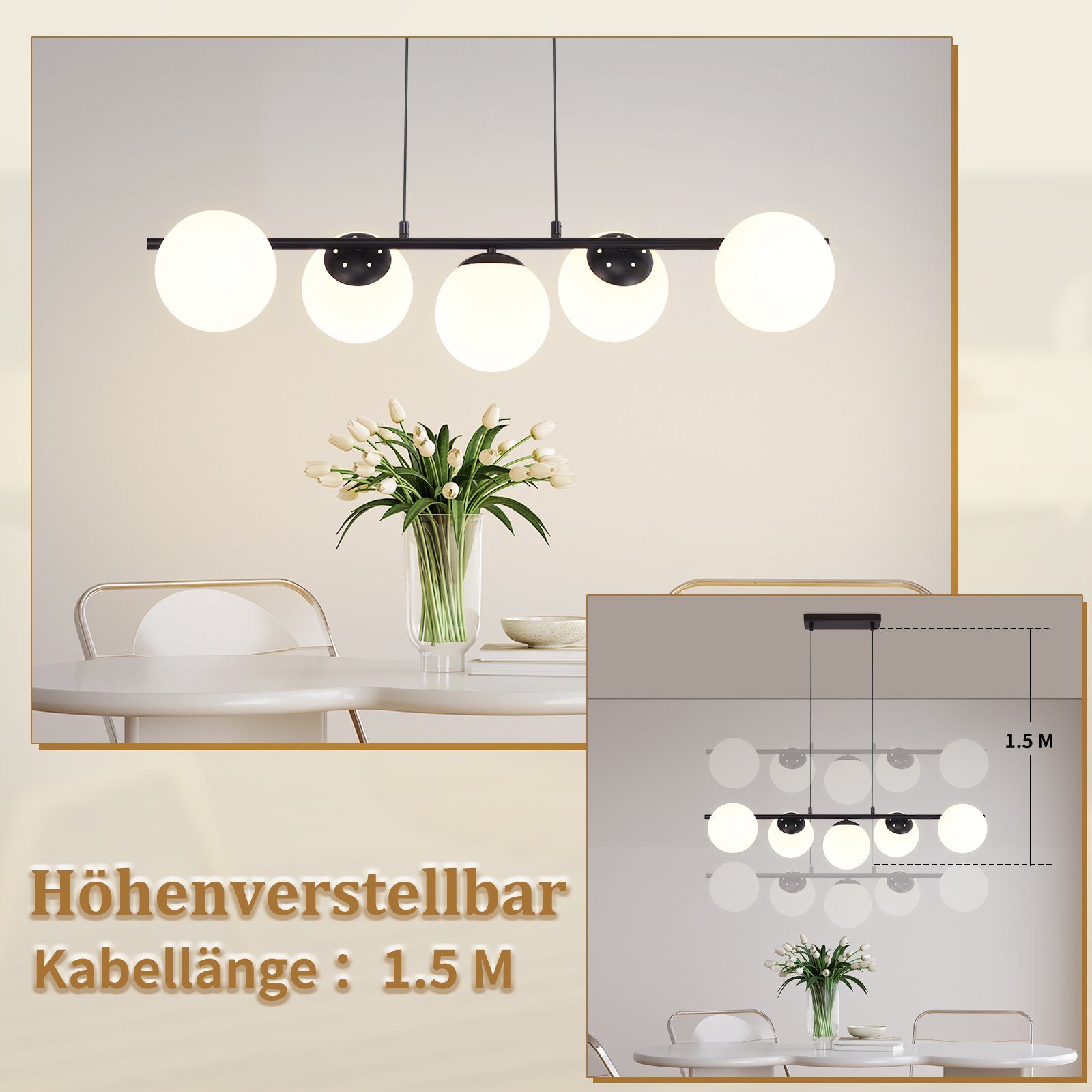 ZMH Pendelleuchte Esstisch Hängeleuchte Glas Hängelampe E27 5-Flammig, ohne Leuchtmittel, Kreative Esstischlampe für Esszimmer Wohnzimmer – Bild 3 von 5