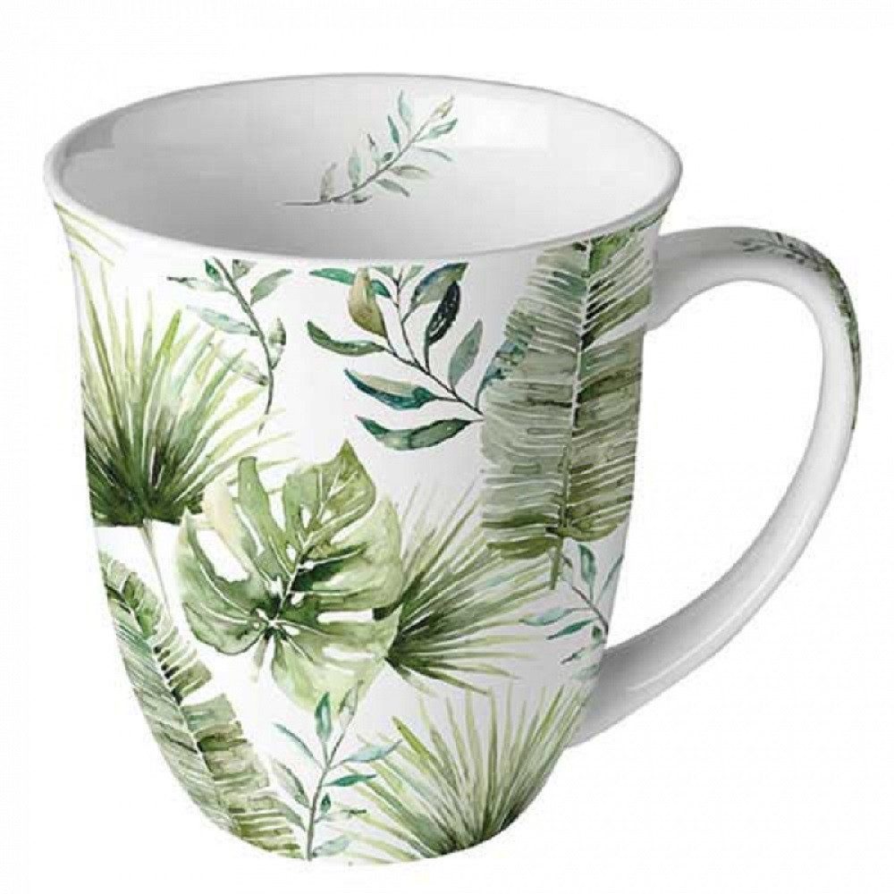 Ambiente Luxury Paper Products Becher Blumen, Pflanzen, Pfingstrosen, Rosen, Mug Tee/Kaffee Tasse, 1-tlg., Porzellan Becher 0,4 L Dschungelblätter weiß, Sommmer/Frühling Motive