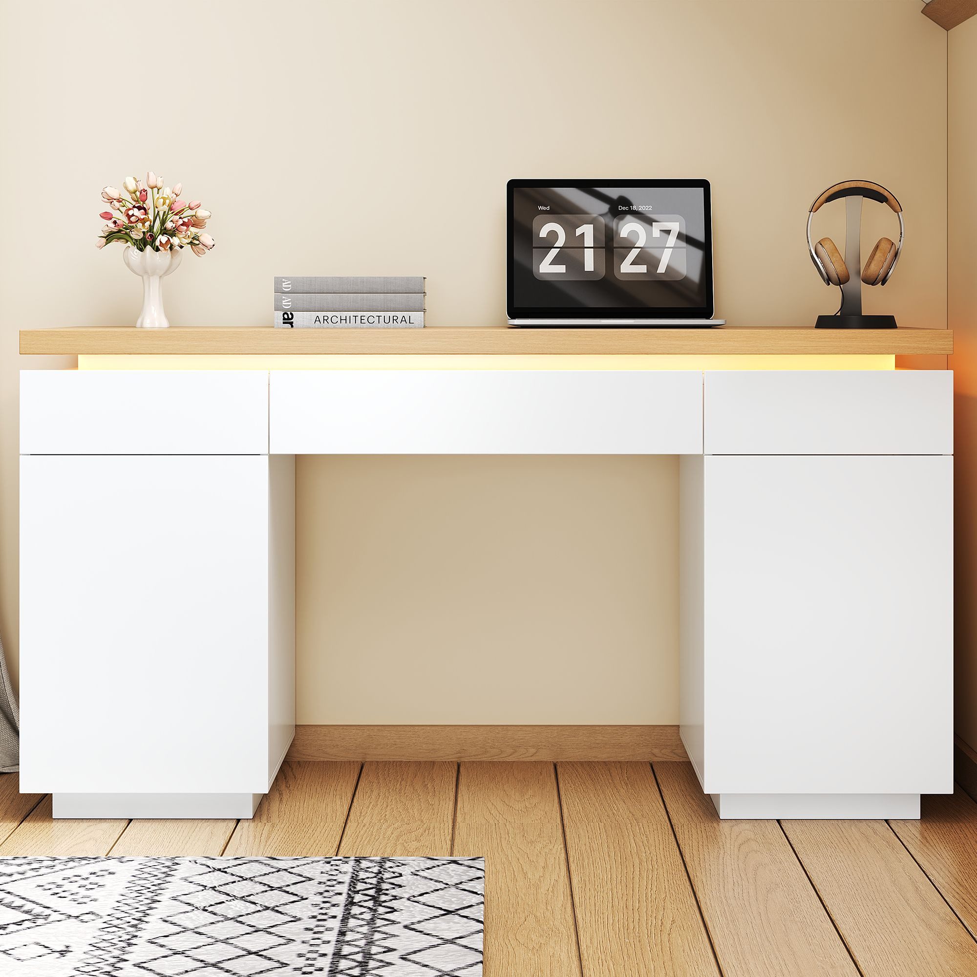 Merax Schreibtisch mit LED, 3 Schubladen, 2 Türen und verstellbaren Einlegeböden (1-St., mit LED, 3 Schubladen, 2 Türen und verstellbaren Einlegeböden), 140 X 50 X 78 cm