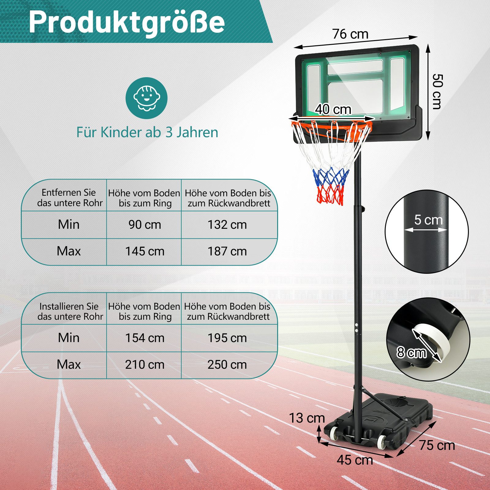 COSTWAY Basketballständer Basketballkorb, 90-210cm höhenverstellbar, Rädern