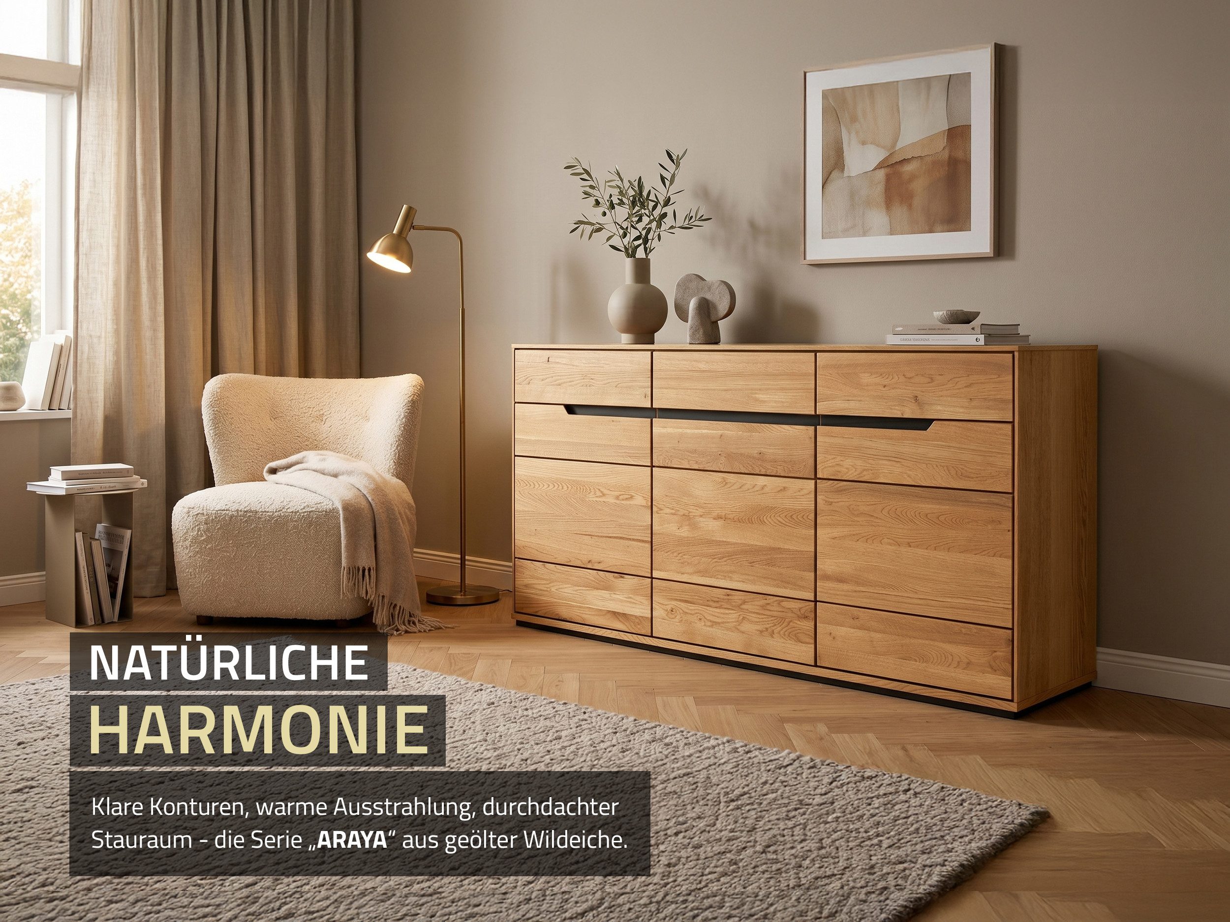 Massivart® Sideboard 153 cm Breite Massivholz Wildeiche geölt »ARAYA«, 3 Schubladen · 3 Drehtüren · 3 Einlegeböden · schwarze Griffmulden