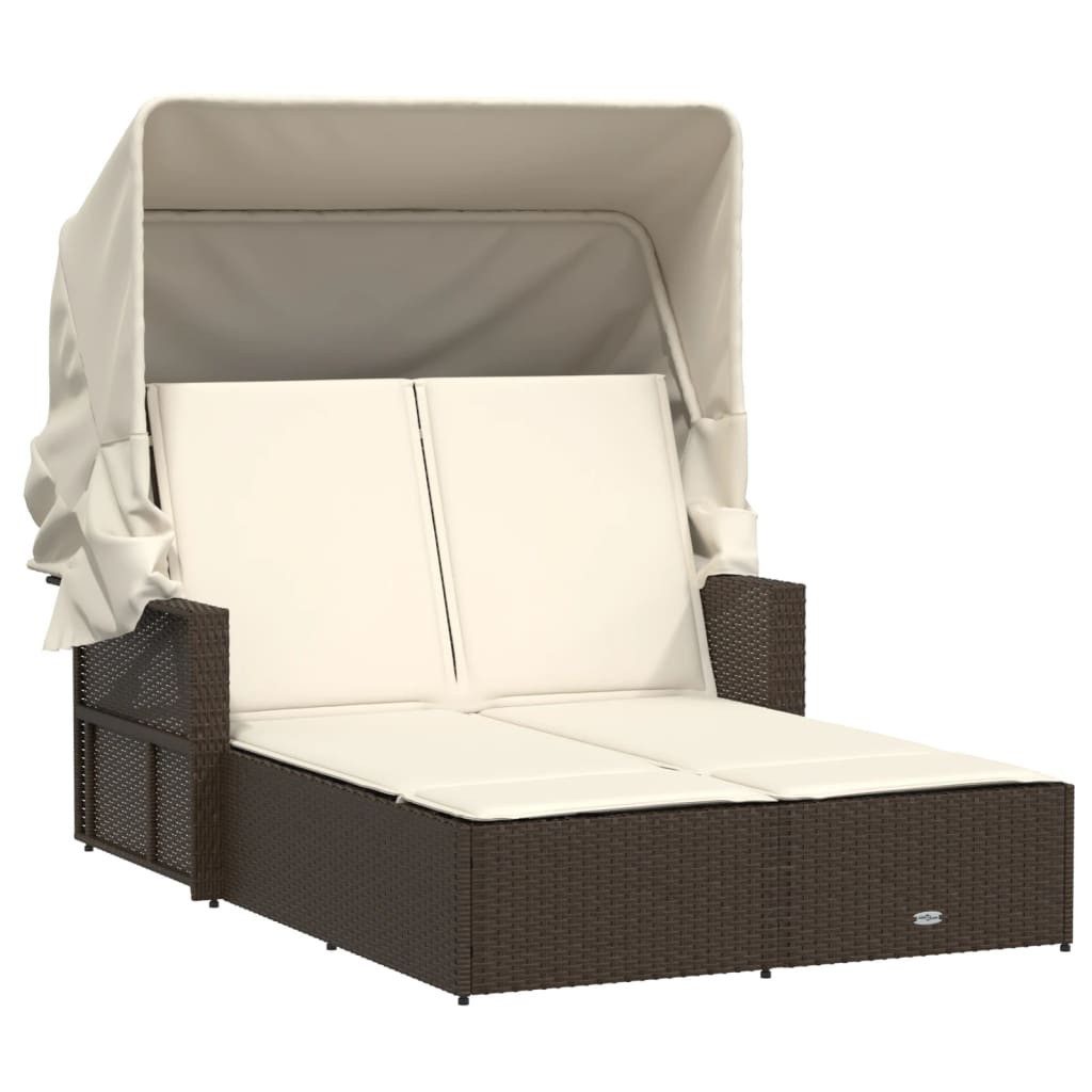 vidaXL Gartenliege Doppel-Sonnenliege mit Dach und Auflagen Braun Poly Rattan, 1 St.