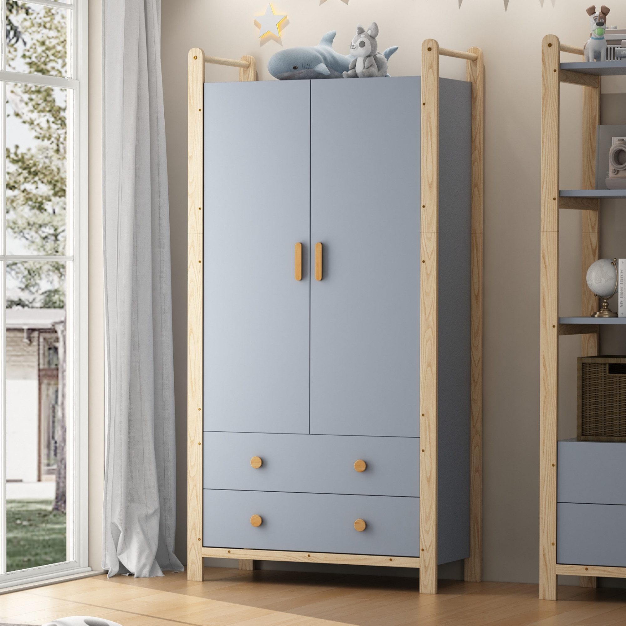Merax Kinderkleiderschrank Kinder-Kleiderschrank mit 2 Türen, 2 Schubladen, Kleiderstange (1-St., Stauraum für Kinderzimmer) Landhausstil Kleiderschrank, 90×45×180cm