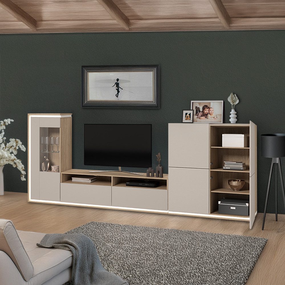 Lomadox Wohnwand DRACHTEN-83, (3-St., Vitrine Lowboard Highboard), Schrankwand Eiche kaschmir Modern