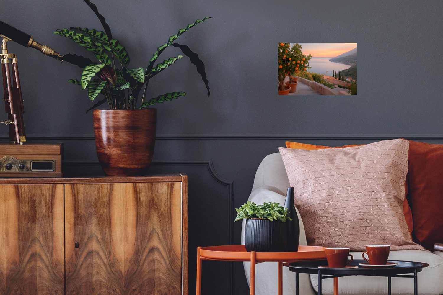 MuchoWow Wandsticker Mittelmeer - Orange - Hügel - Meer (1 St), Wandtattoo, Selbstklebend, Wohnzimmer, 30x20 cm