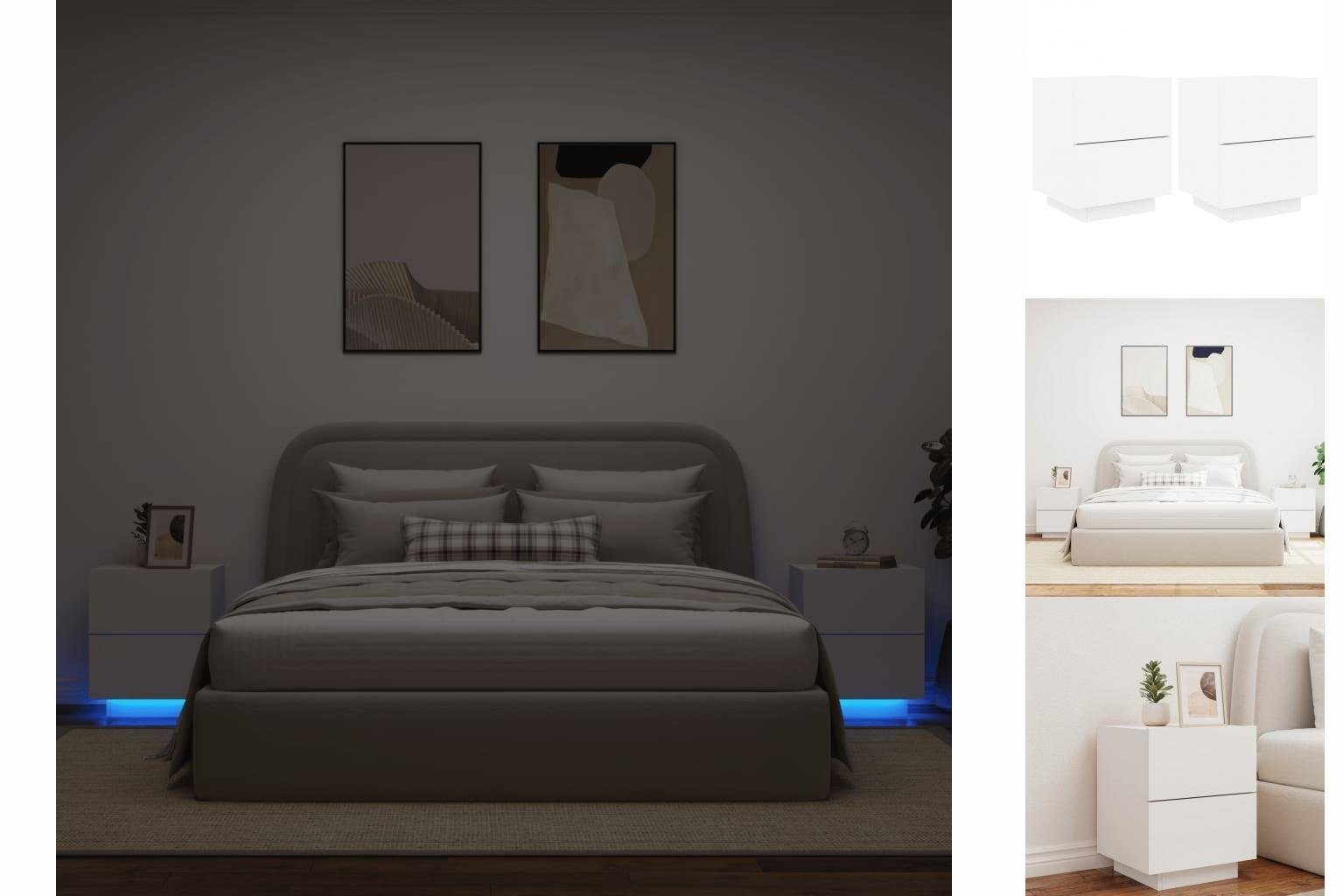 vidaXL Nachttisch Nachttische mit LED-Leuchten 2 Stk Weiß Spanplatte Nachtschrank Bettsc