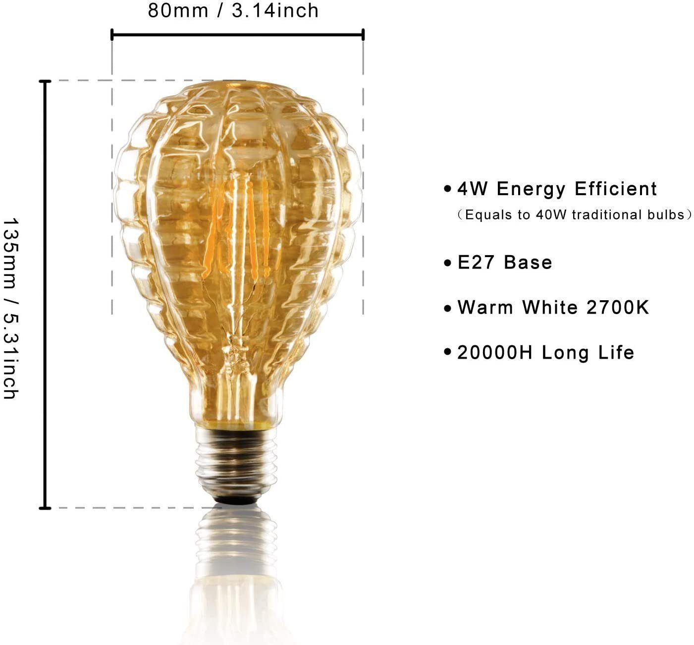 ZMH LED-Leuchtmittel Granatenform E27, LED Glühbirne 4 W, 300 lm, 2700 K warmweiß, E27, 1 St., Warmweiß, Vintage Filament, goldfarben, nicht dimmbar