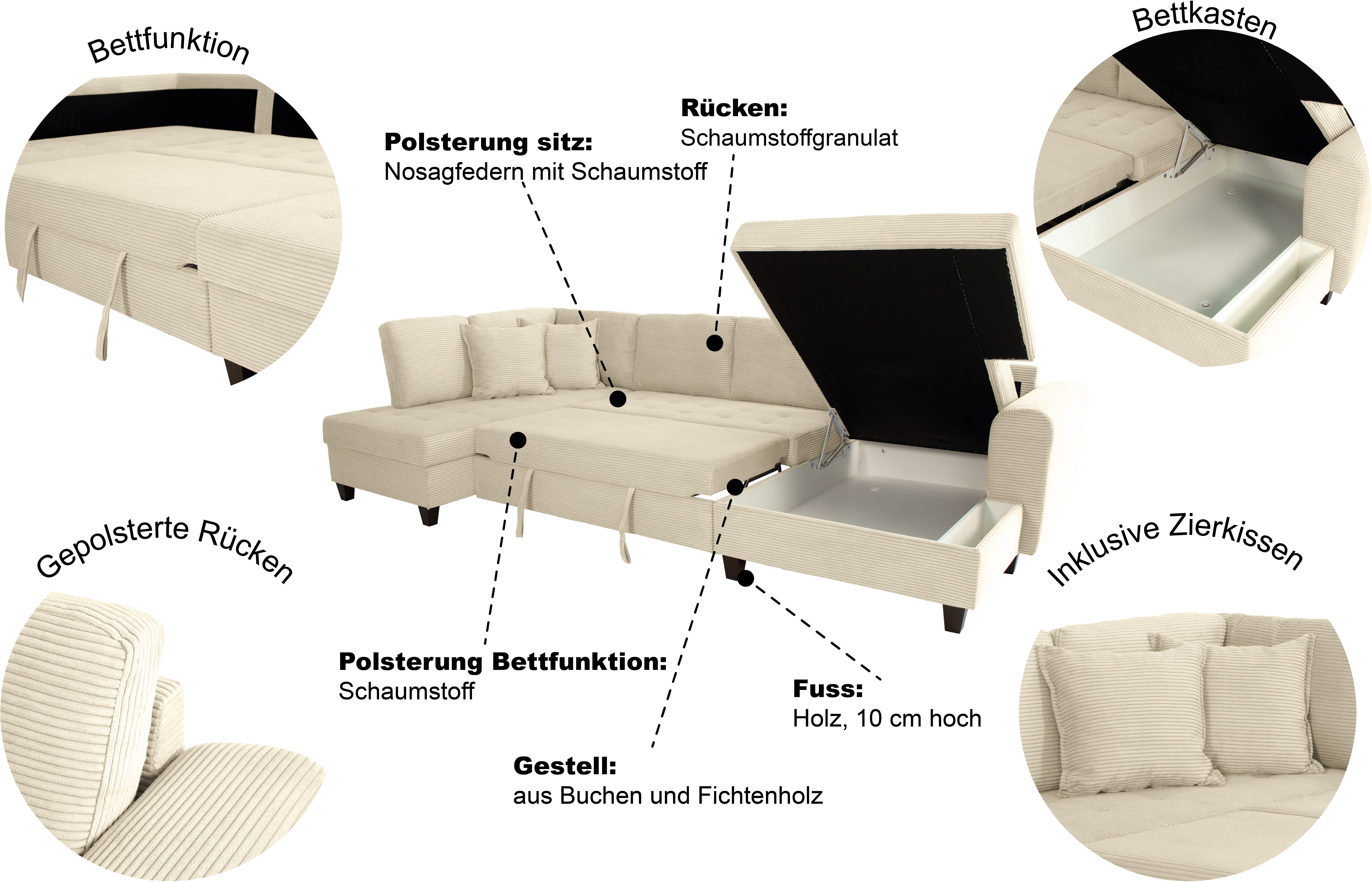 Trends by HG Wohnlandschaft Moritz U-Form, B: 324 cm, mit Schlaffunktion, Bettkasten & Zierkissen