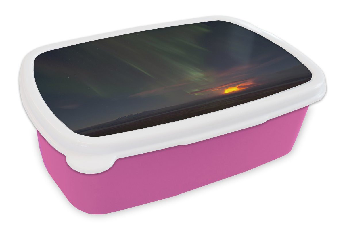 MuchoWow Lunchbox Nordlichter - Sternenhimmel - Vulkan, Kunststoff, (2-tlg), Brotbox für Erwachsene, Brotdose Kinder, Snackbox, Mädchen, Kunststoff rosa