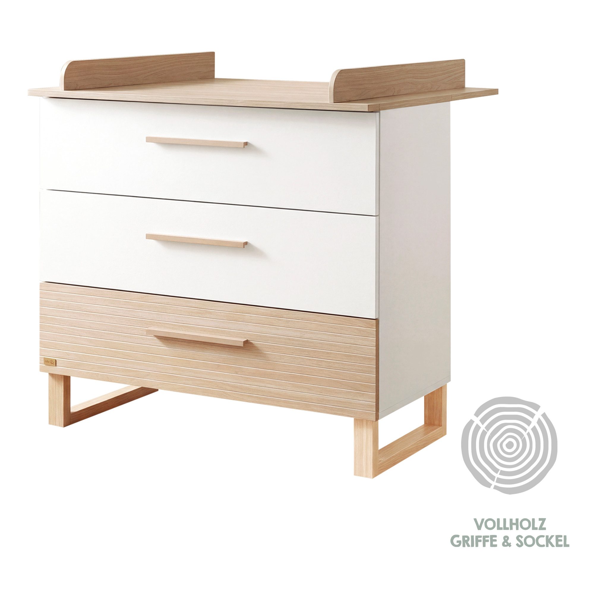 roba® Wickelkommode Noah - moderne Wickelkommode in Scandi Design mit Fräsungen, Füße & Griffe aus Massivholz - mit Wickelansatz - Weiß & Walnuss