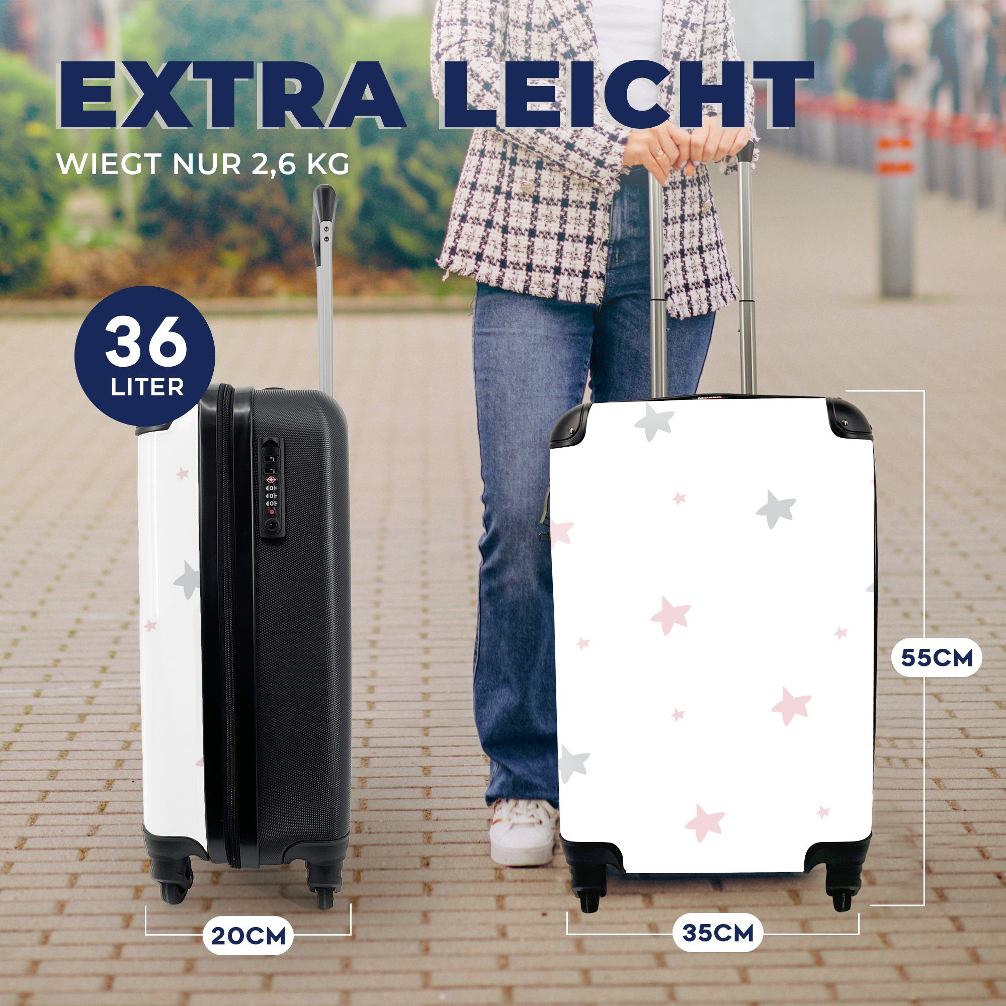 MuchoWow Handgepäckkoffer Illustration Muster Trolley, Handgepäck auf für aus rosa Rollen, 4 mit rollen, einem, Reisekoffer mit grauen Reisetasche einem Ferien, und Sternen