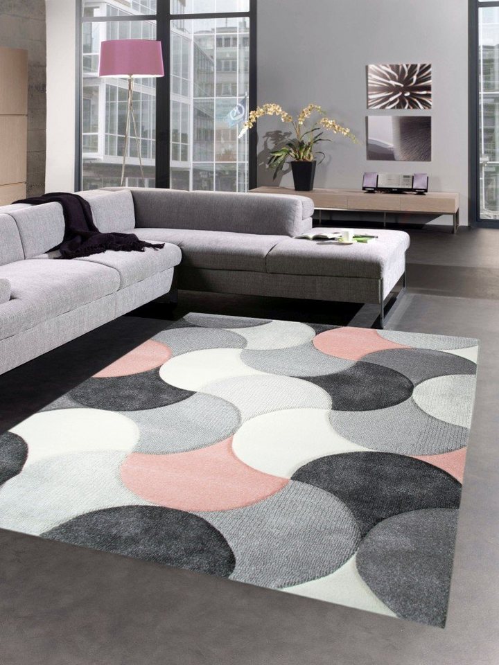 Teppich Designer Teppich Wohnzimmerteppich Kurzflor Tropfen rosa grau,  Carpetia, rechteckig, Höhe: 13 mm