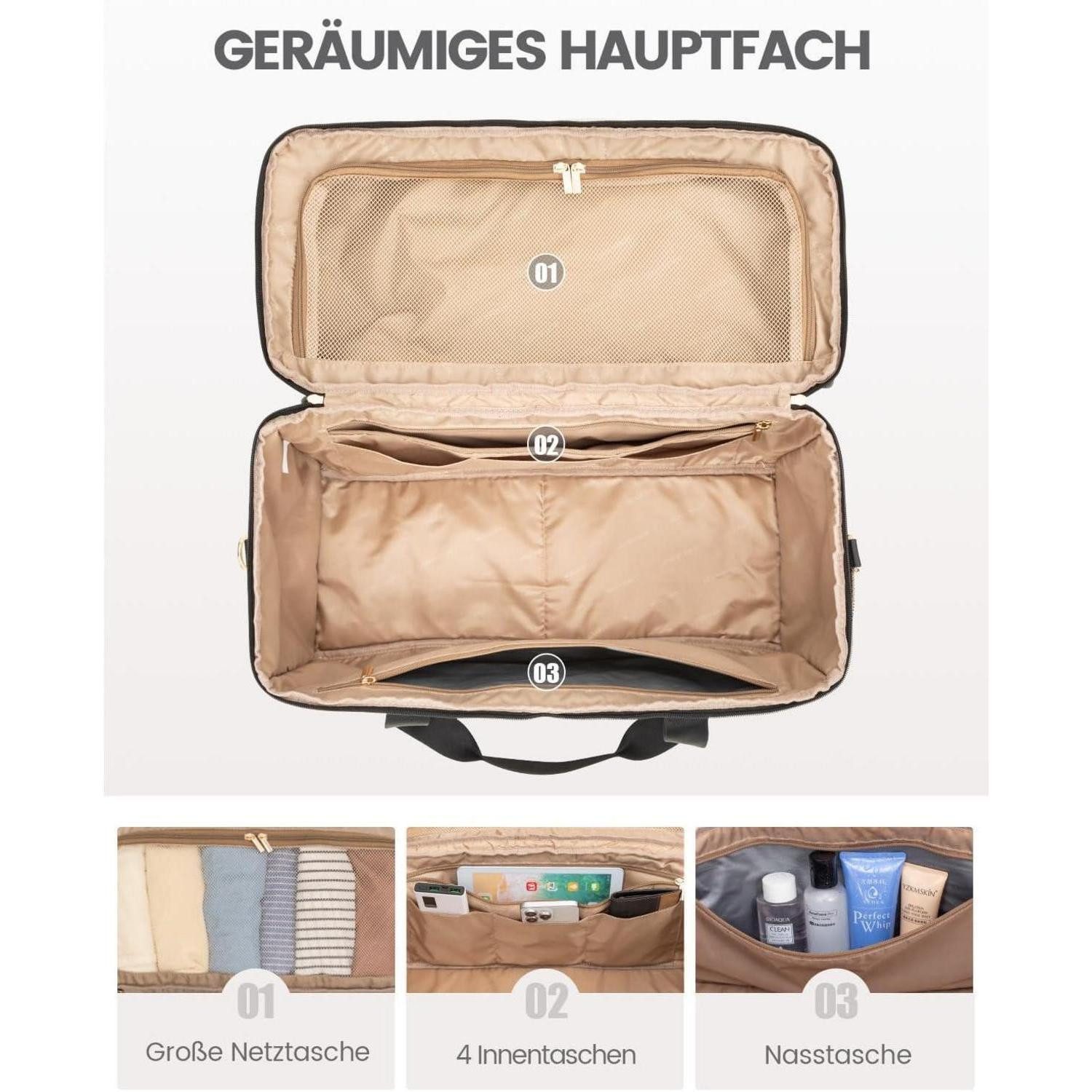 LuxusKollektion Weekender Reisetasche Damen Große Öffnung Schwarz Wasserdicht Krankenhaustasche