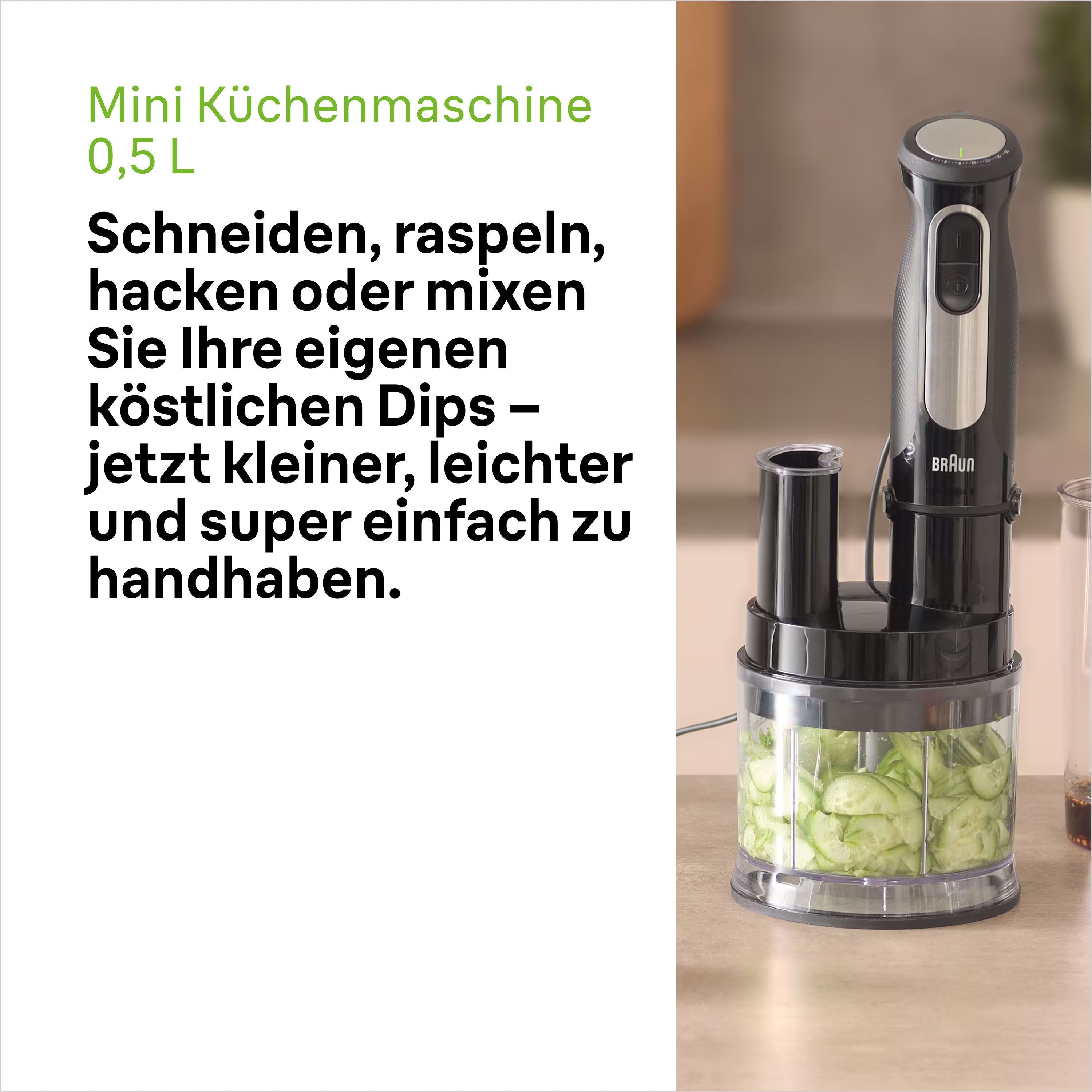 Braun Stabmixer MultiQuick 5 Pro MQ 55755 M - 1000W, 25 Einstellungen, Küchenmaschine, 1000 W, Spritzschutz, 500 ml Mini Küchenmaschine + Zubehör, Extra Mahlkli – Bild 4 von 5
