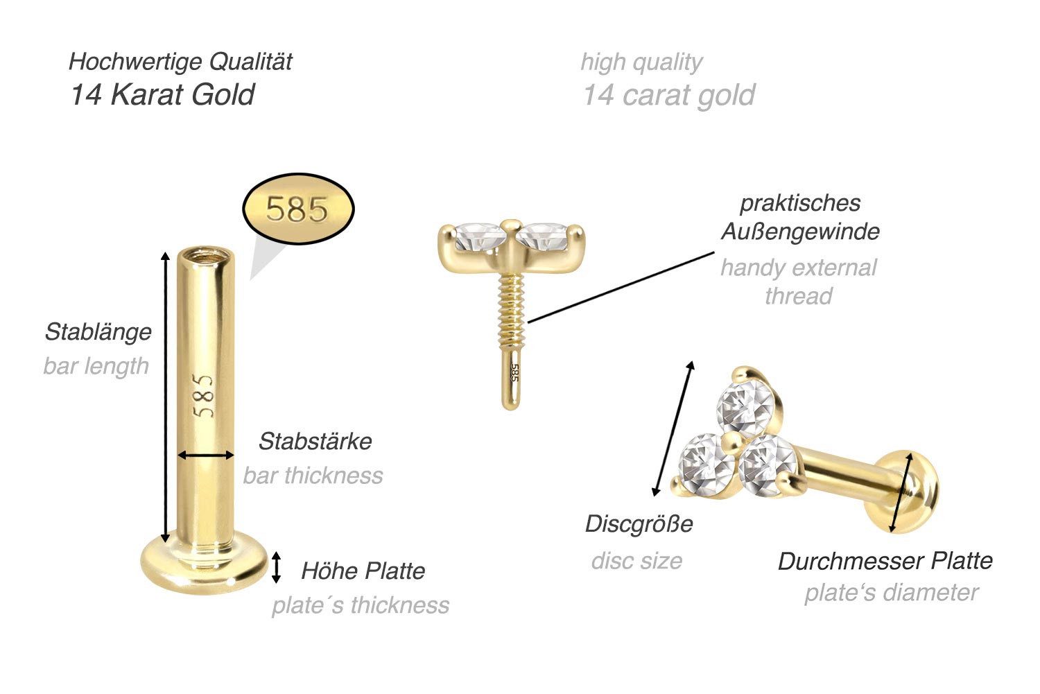 PIERCINGLINE Piercing-Set 14 Karat Gold Labret mit Innengewinde MOISSANIT-BLUME (Labrets, 1-tlg)