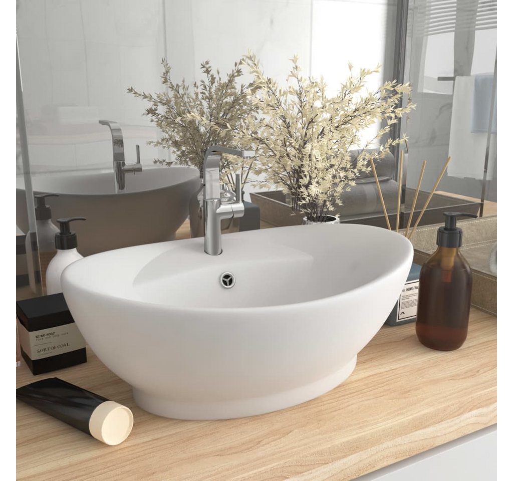 Thumbnail - vidaXL Waschbecken Waschbecken Badezimmer Aufsatzwaschbecken Überlauf Oval Matt-Weiß 58,5