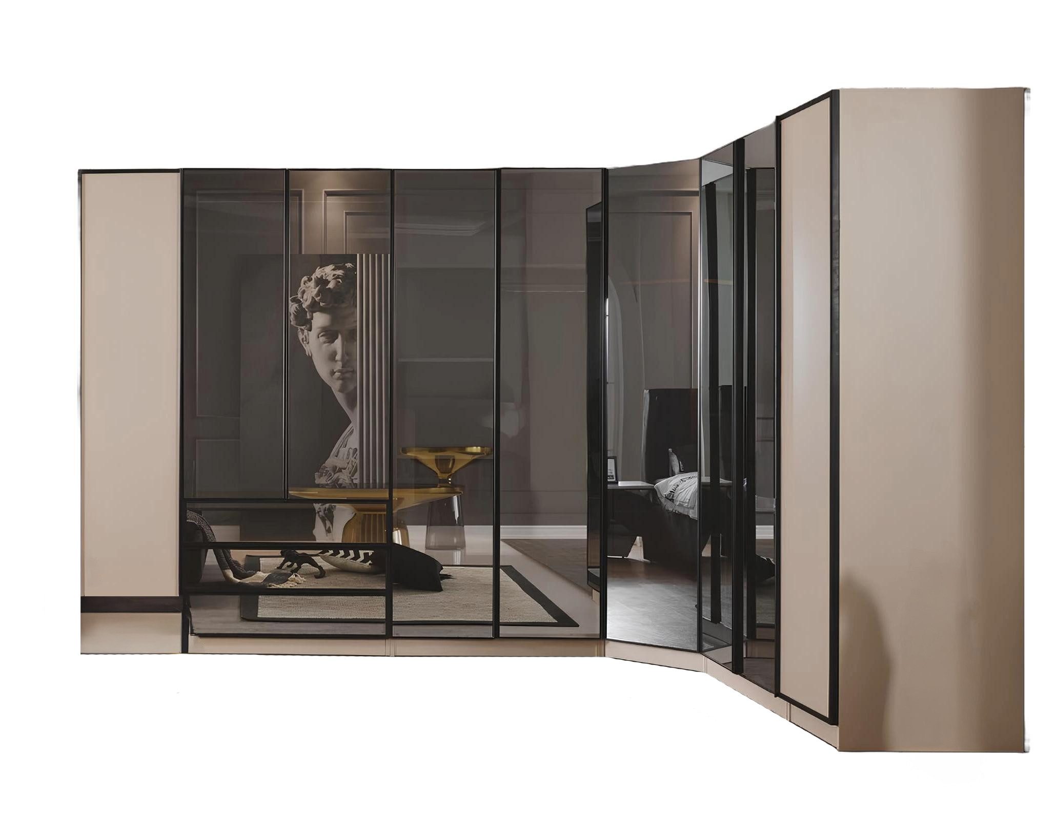 Xlmoebel Eckkleiderschrank Beiger Kleiderschrank mit Glasdetails für modernes Schlafzimmer (1-St., KLEIDERSCHRANK L form) Hergestellt in Europa