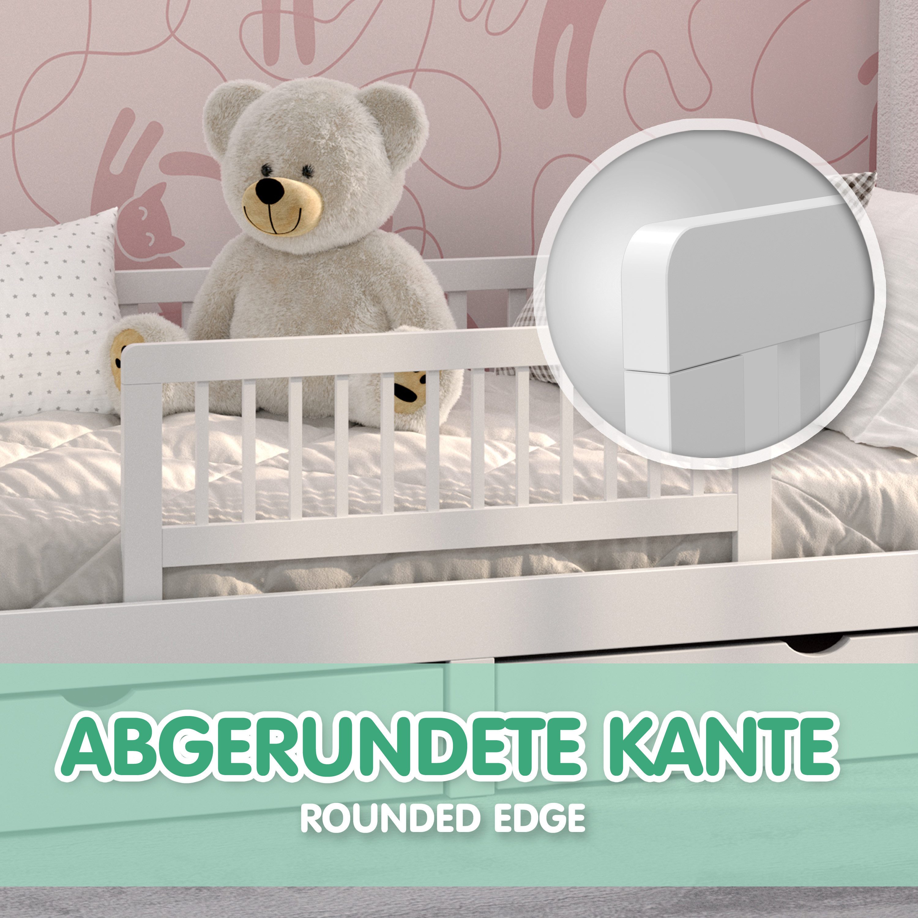 CADANI Bettschutzgitter Holz Bettgitter - Kinderbett Rausfallschutz klappbar, robust u. stabil (90 cm breit, weiss, auch in 115 cm und 140 cm verfügbar), auch f – Bild 5 von 5