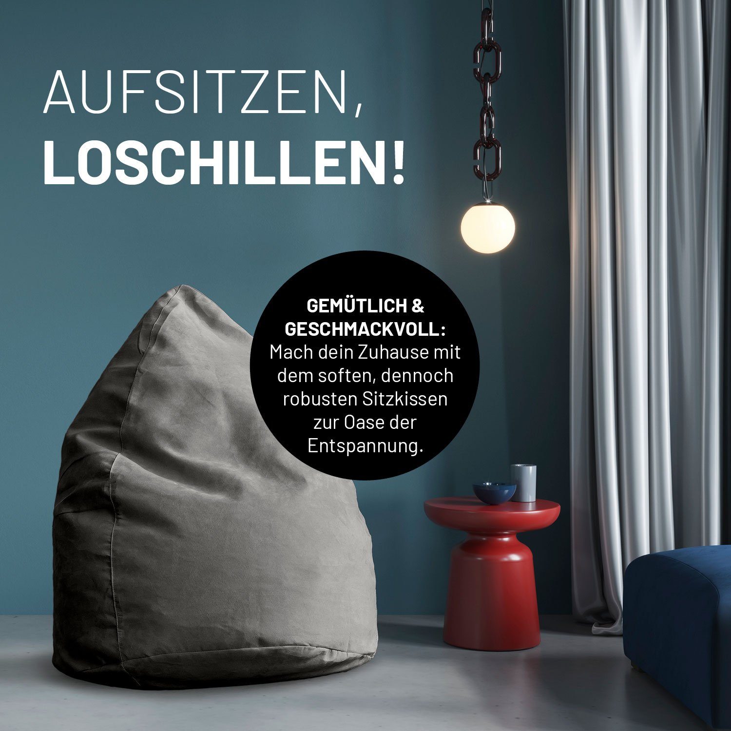 60x45cm, Luxury Lumaland Bag Bodenkissen robust Sitzkissen Microvelours XL 120L grau Bean waschbar Sitzsack weich