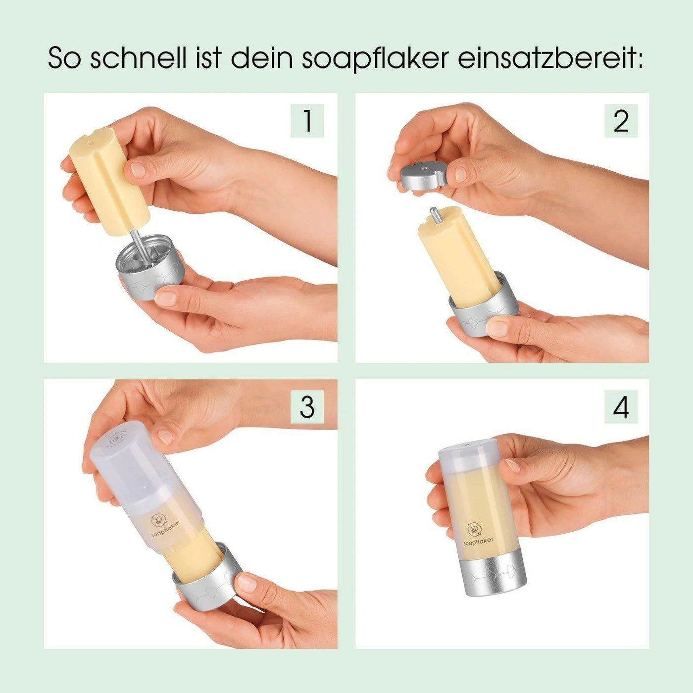 Soapflaker Seifenspender feste Handseife Silber Vegan & Vera Nachfüll-Set Aloe Umweltschonend + Seife