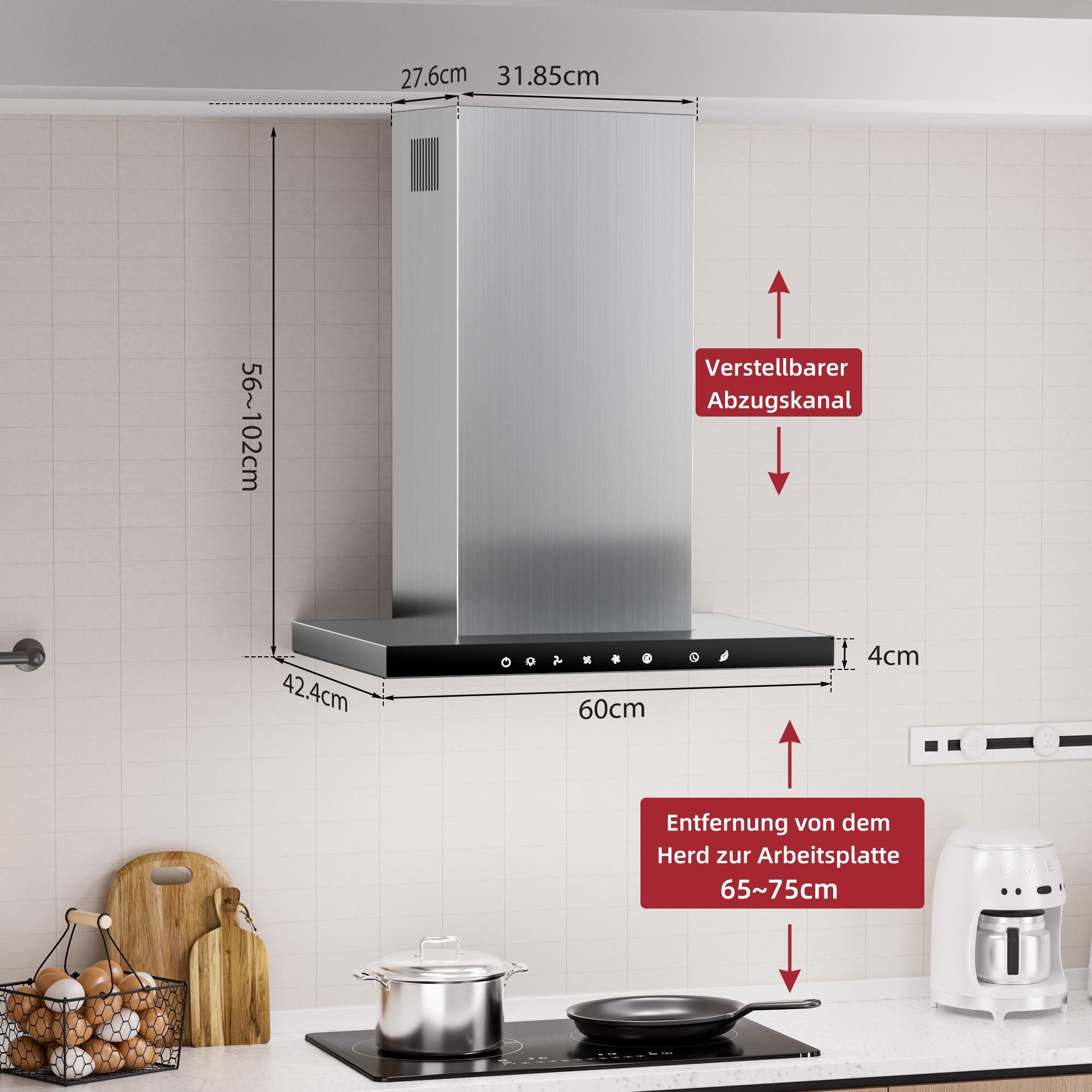 Levivo Wandhaube A+++ Dunstabzugshaube 60cm Umluft & Abluft mit 750 m³/h Aktivkohlefiltern, Fettfiltern, LED-Beleuchtung – Bild 5 von 5