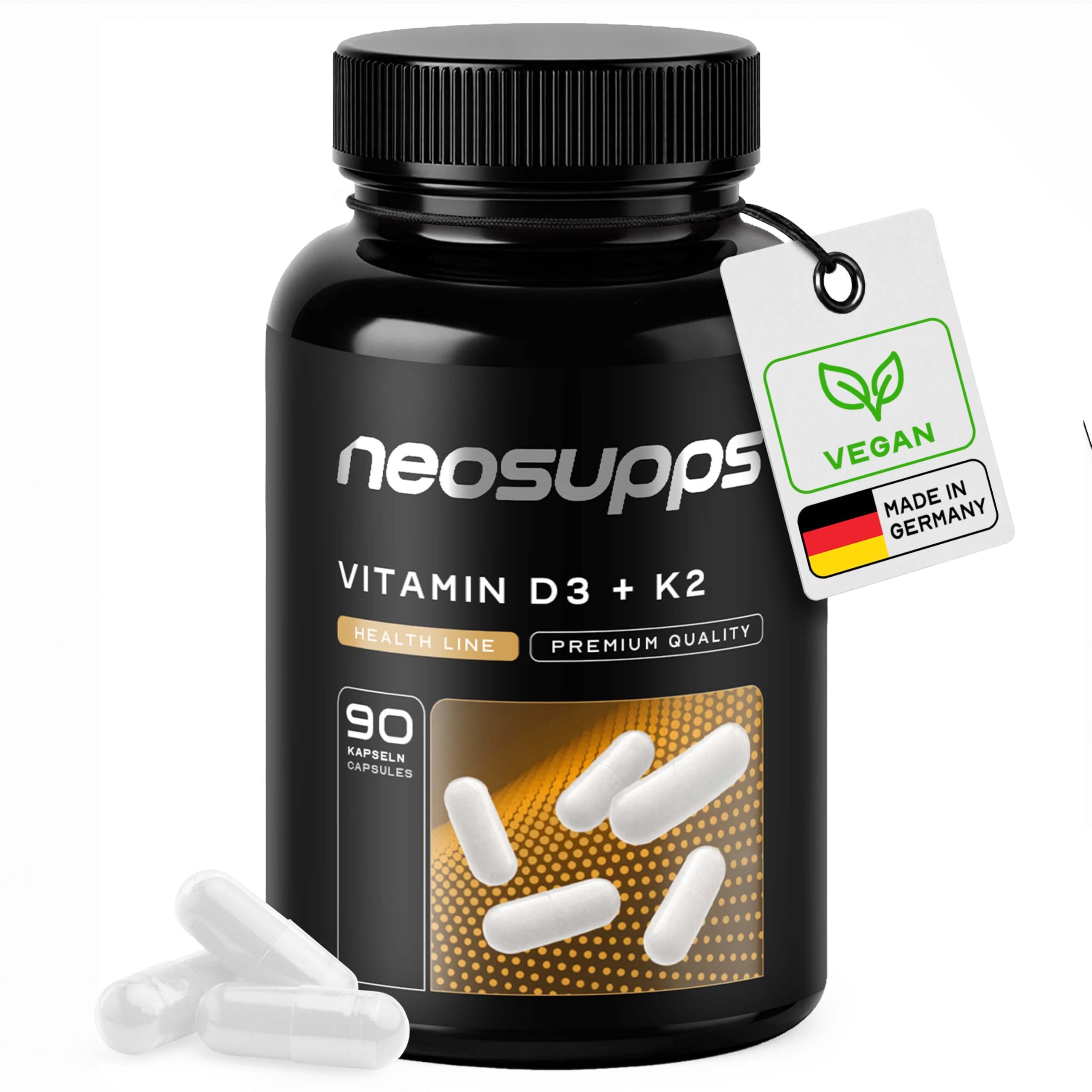 Neosupps Vitamin D3 + K2 hochdosiert, 90 Kapseln, Immunsystem, Knochenaufbau Kapseln, Made in Germany, unterstützt Blutgerinnung & Wundheilung