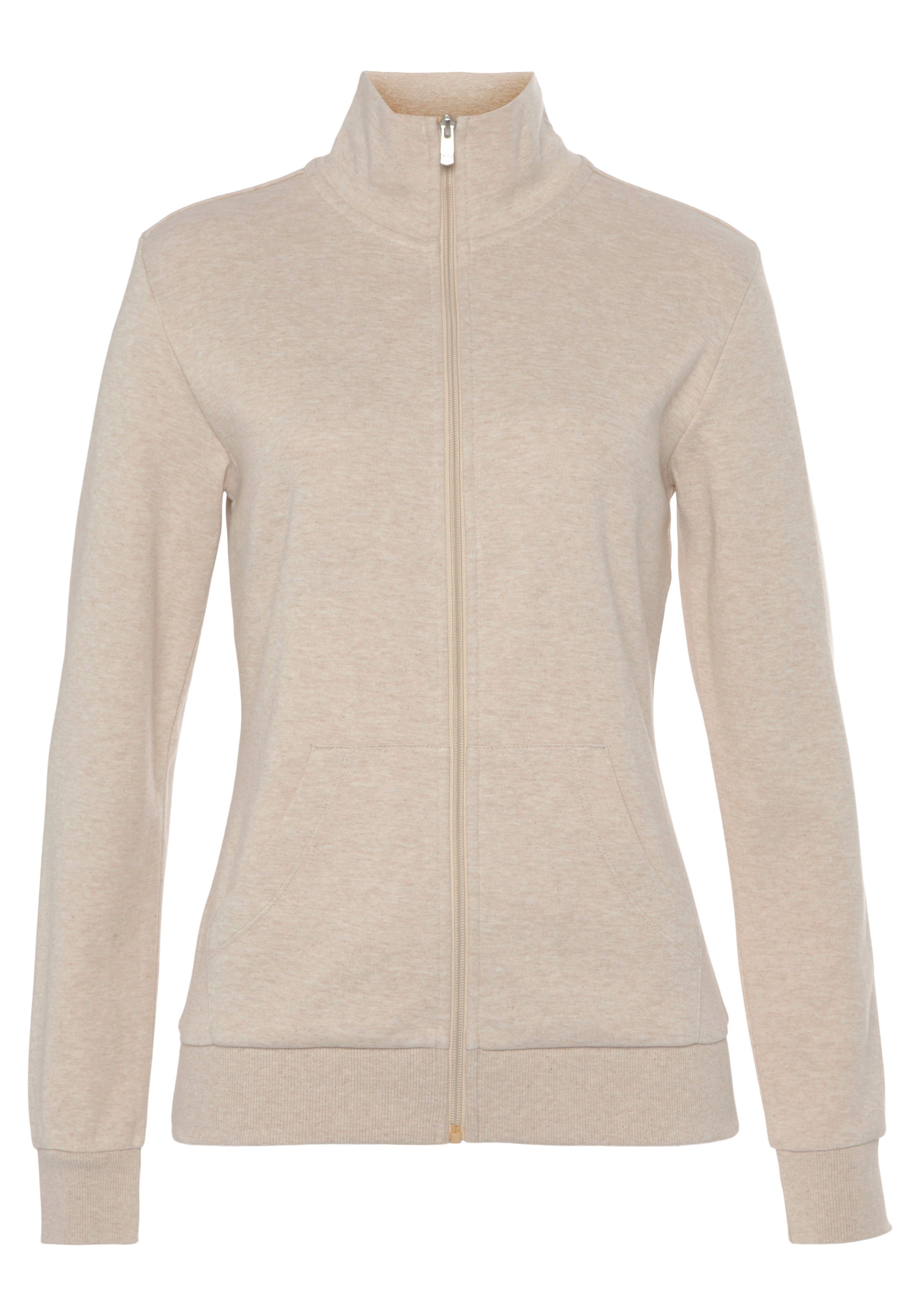 Loungejacke mit am Sweatjacke - Logostickerei Bench. beige Loungeanzug glänzender Loungewear Loungewear, meliert Stehkragen,