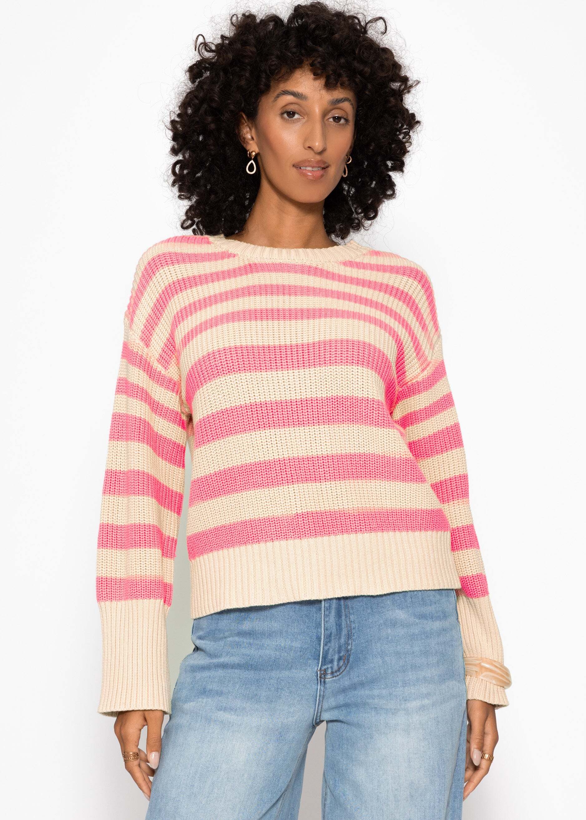 SASSYCLASSY Strickpullover Gestreifter Baumwoll-Pullover für Damen Strukturierter Pullover mit Rundhals im lockeren Schnitt