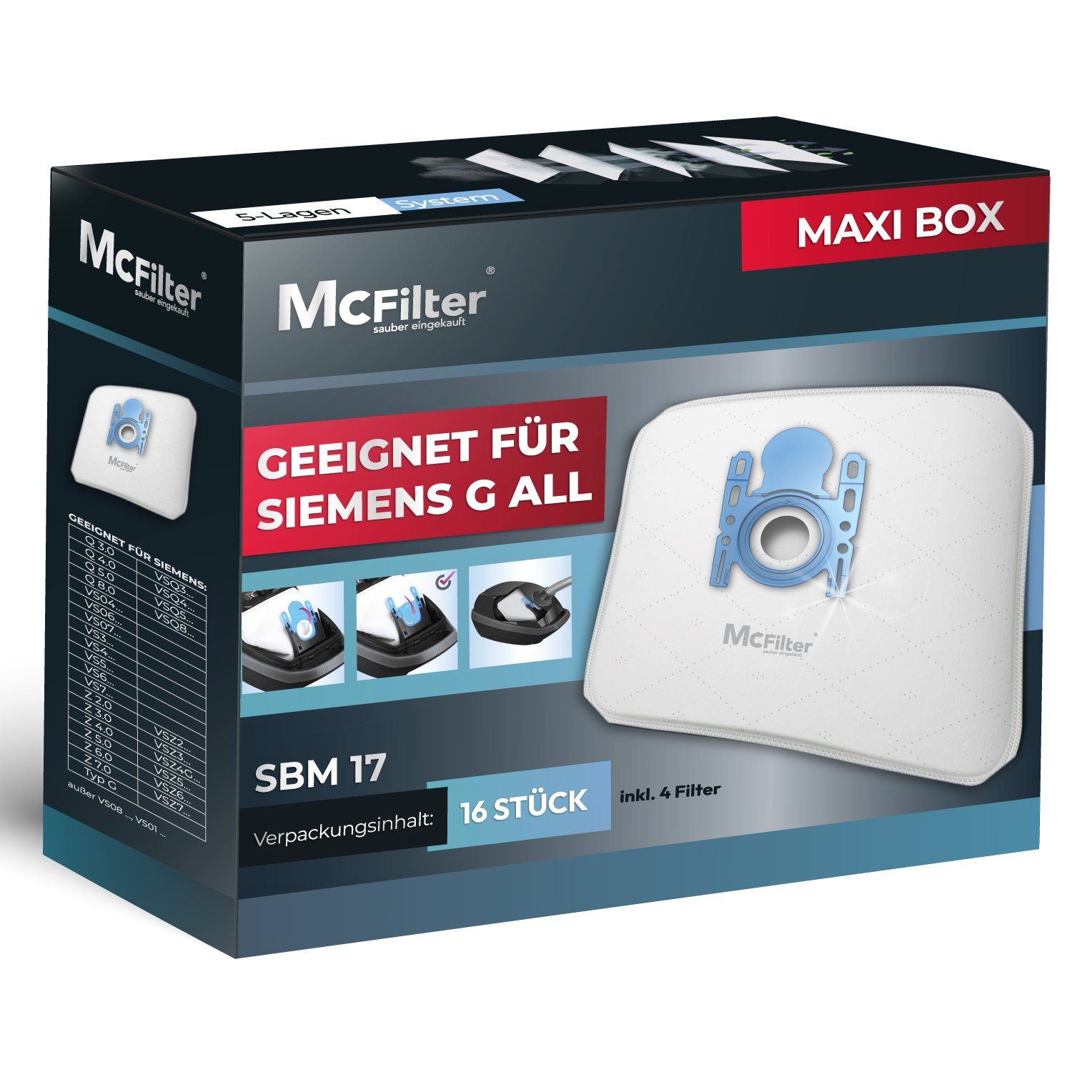 McFilter Staubsaugerbeutel (16 Stück) passend für Siemens VS06A111, passend für VS06B1110, VS06B113, Synchropower, Alternativ zu VZ16GALL Typ G ALL, 16 St., 5-lagiges Mikrovlies, inkl. 4 Filter