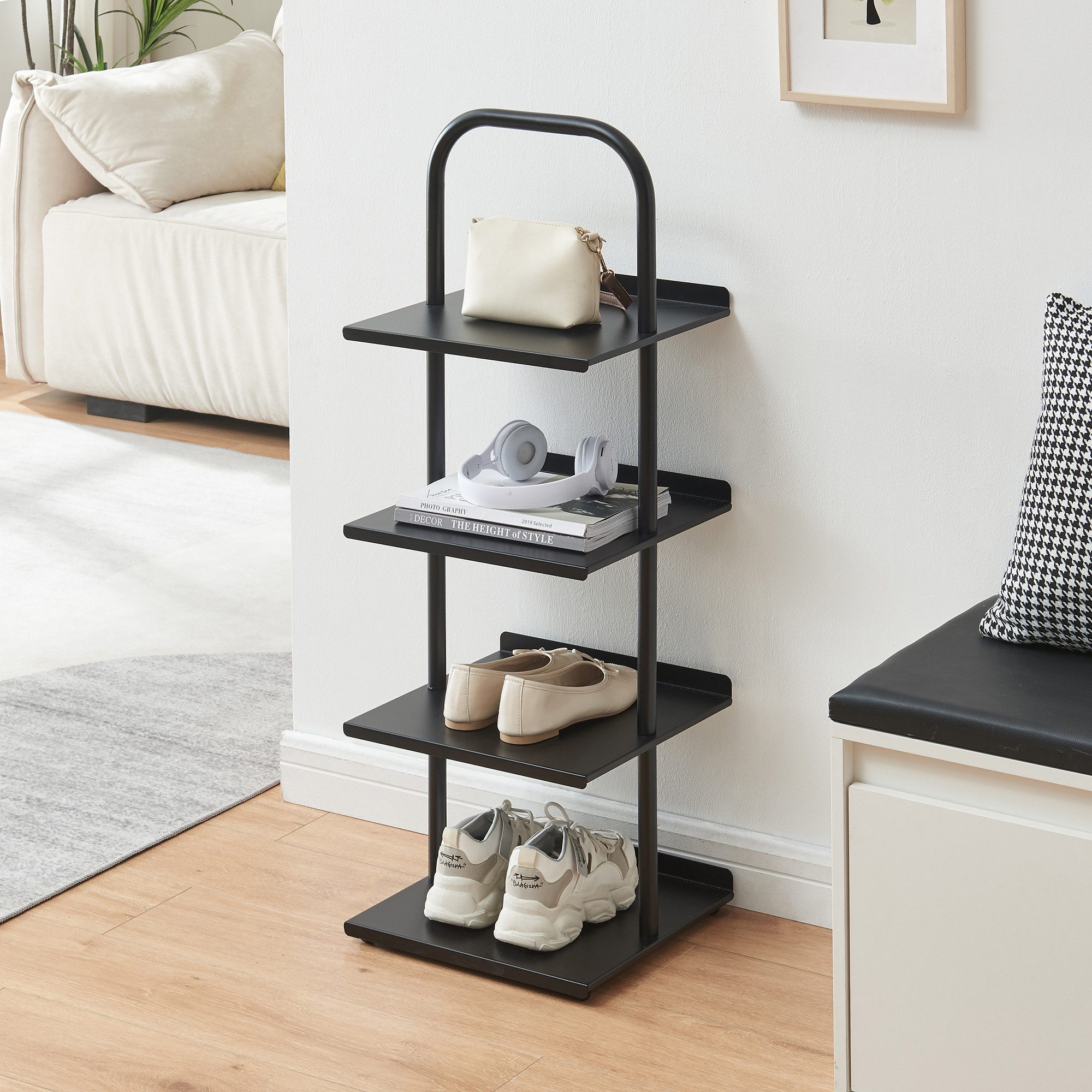 en.casa Schuhregal, »Poytya« mit 4 Ebenen Stahl 96 x 34 x 32 cm Schwarz