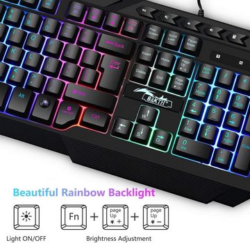 BAKTH Regenbogen LED Hintergrundbeleuchtung Tastatur- und Maus-Set, QWERTZ DE Layout, Beleuchtete USB Wasserdicht, Kompatibel mit PC