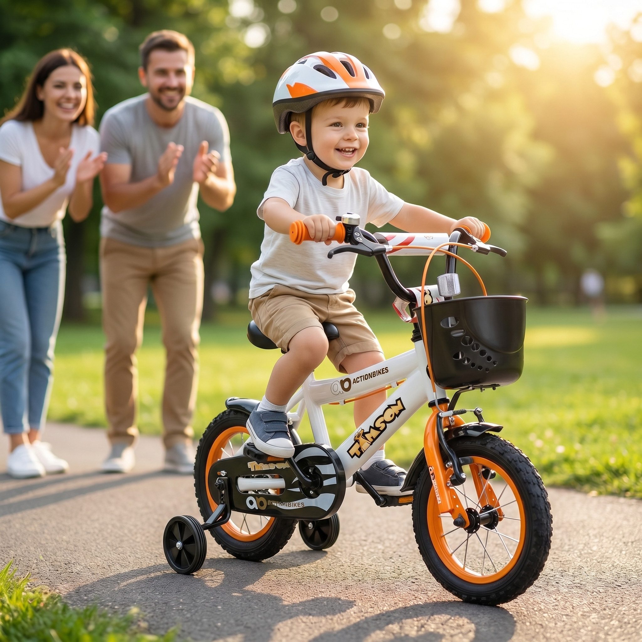 Actionbikes Motors Kinderfahrrad Timson Kinder Fahrrad ab 3 Jahre, 1 Gang, ohne Schaltung, (V-Brake-Bremsen, Luftbereifung, Schutzbleche, weiß / orange / schwarz)