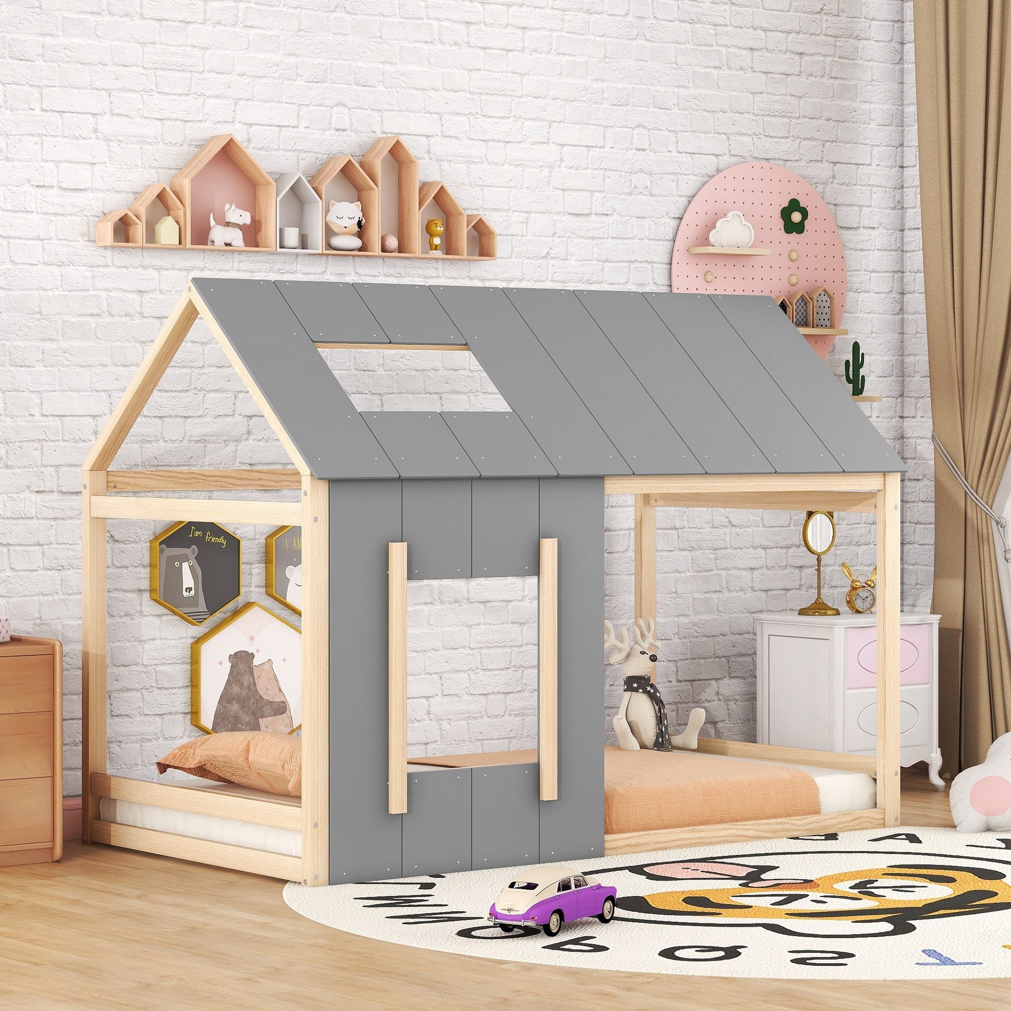 REDOM Kinderbett Hausbett Kinderbett, Einzelhaus-Flachbett mit Dach und Fenster (Hausform, 90x200 cm, Einzelhaus-Flachbett mit Dach und Fenster), ohne Matratze