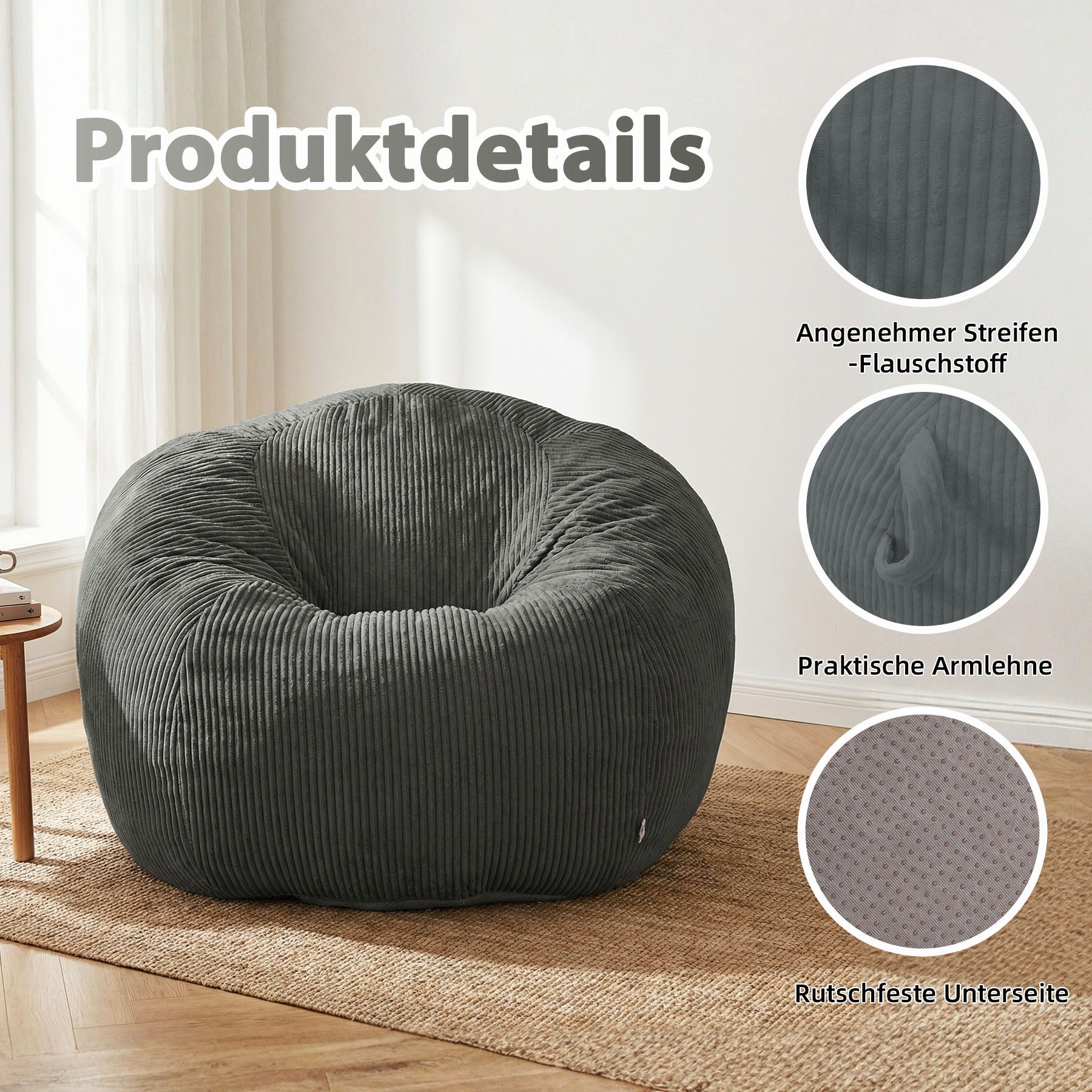 HomeMiYN Sitzsack Rund Sitzsack XXL aus Cord weiches Sofa für Wohnzimmer – Bild 3 von 5