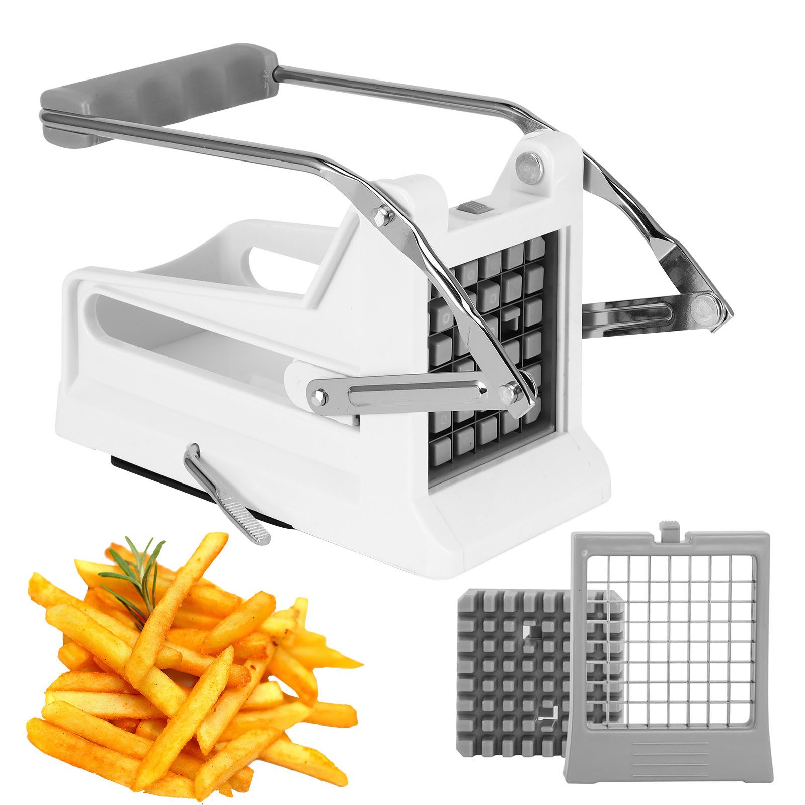 BlingBin Pommesschneider Kartoffelschneider mit 2 Austauschbaren Edelstahl Klingen für Pommes, (1er Set, 1-tlg., Produktgröße: 20 x 10 x 12 cm), Gemüseschneider mit Rutschfester Gummifuß, Pommes für 8/12 mm Sticks