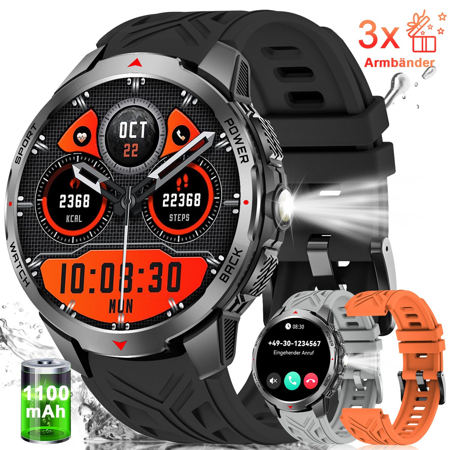 SWGOTA 2026 Smartwatch Herren Militär Fitnessuhr Herren mit 100+ Sportmodi Smartwatch (1,7 Zoll), 1100mAh Akku Sportuhr Herren mit 3 Armbänder,Herzfrequenz,Blutdruck-, SpO2-/Schlafüberwachung,Schrittzähler,Kompass,Taschenlampe,IP68